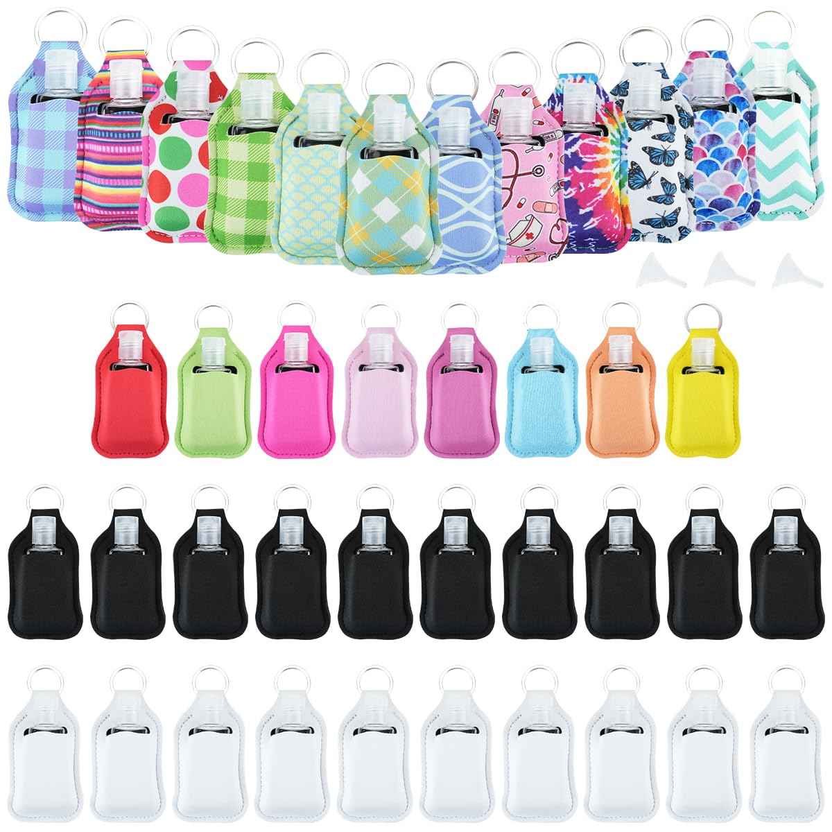 IBEQUEM 83Pcs Hand Sanitizer Holder Set, 40 Pcs Hand Sanitizer Holder Keychains & 40 Reusable Flip Cap Travel Bottles (30ml/1oz), 3 Funnels, For Travel, Vacation, Camping, Picnic, Party, Home, Office