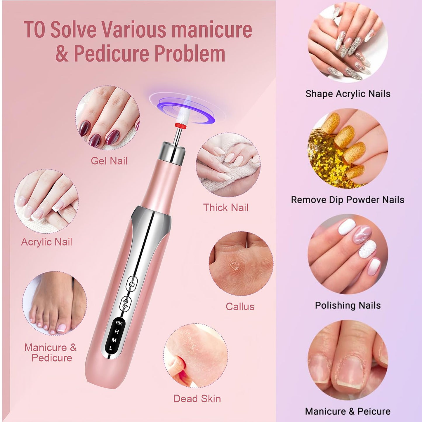 Electric Nail Drill,Cordless Nail Drill,Electric Nail File,Rechargeable Portable Nail Drill.Nail Drill Professional Set: for Manicure Pedicure and Acrylic Nails Gel Polishing Removing.(Rose Gold)