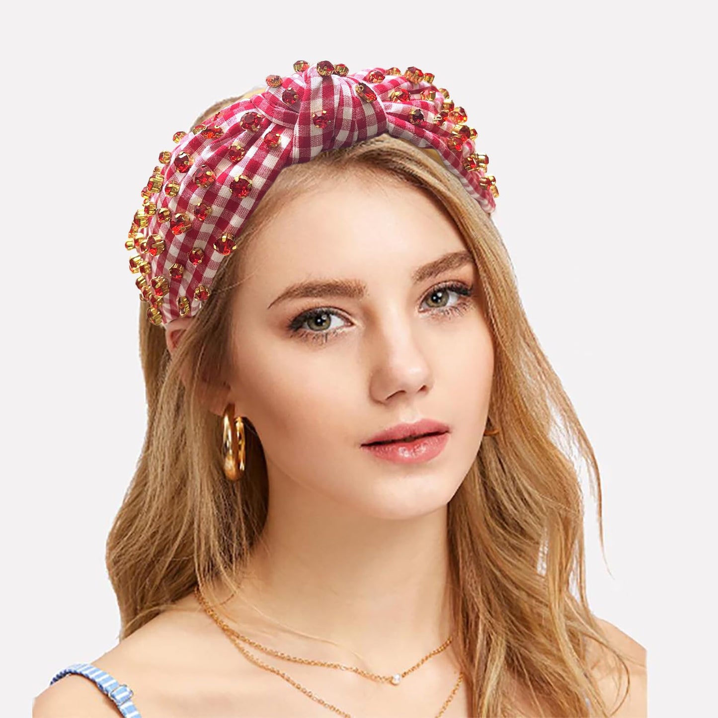 SZJULR Knotted Headband for Women Sparkle Crystal Wide Mixed Red Rhinestone Plaid Headbands Colorful Hairband Top Knot Headbands Luxury Fashion Jeweled Ladies Hair Accessories for Girls