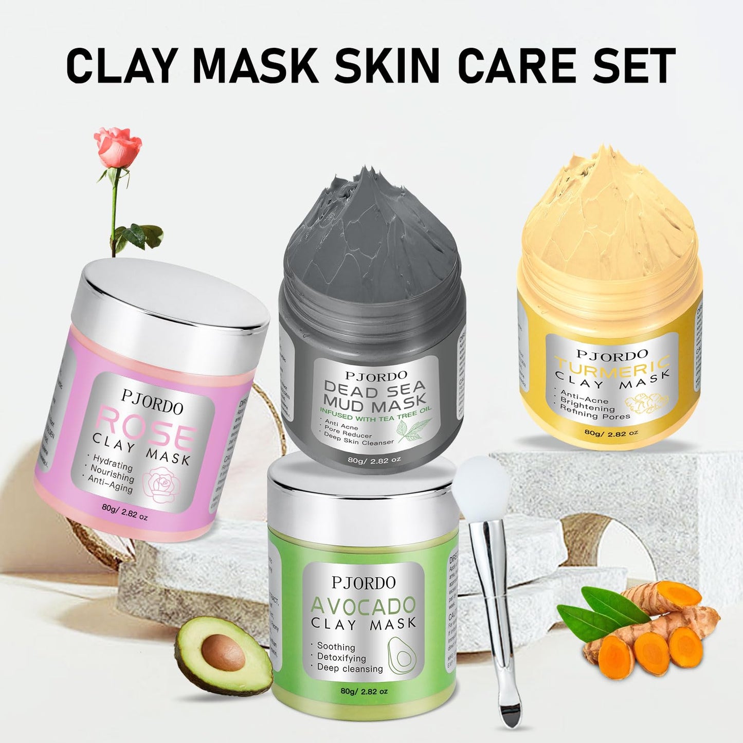 Pjordo 4 Pcs Clay Mask Set, Turmeric Vitamin C Clay Mask, Dead Sea Mud Mask, Avocado Clay Mask, Rose Clay Mask, Face Mask Skin Care Set, Perfect Gifts For Women Girls, 2.82 Oz Each