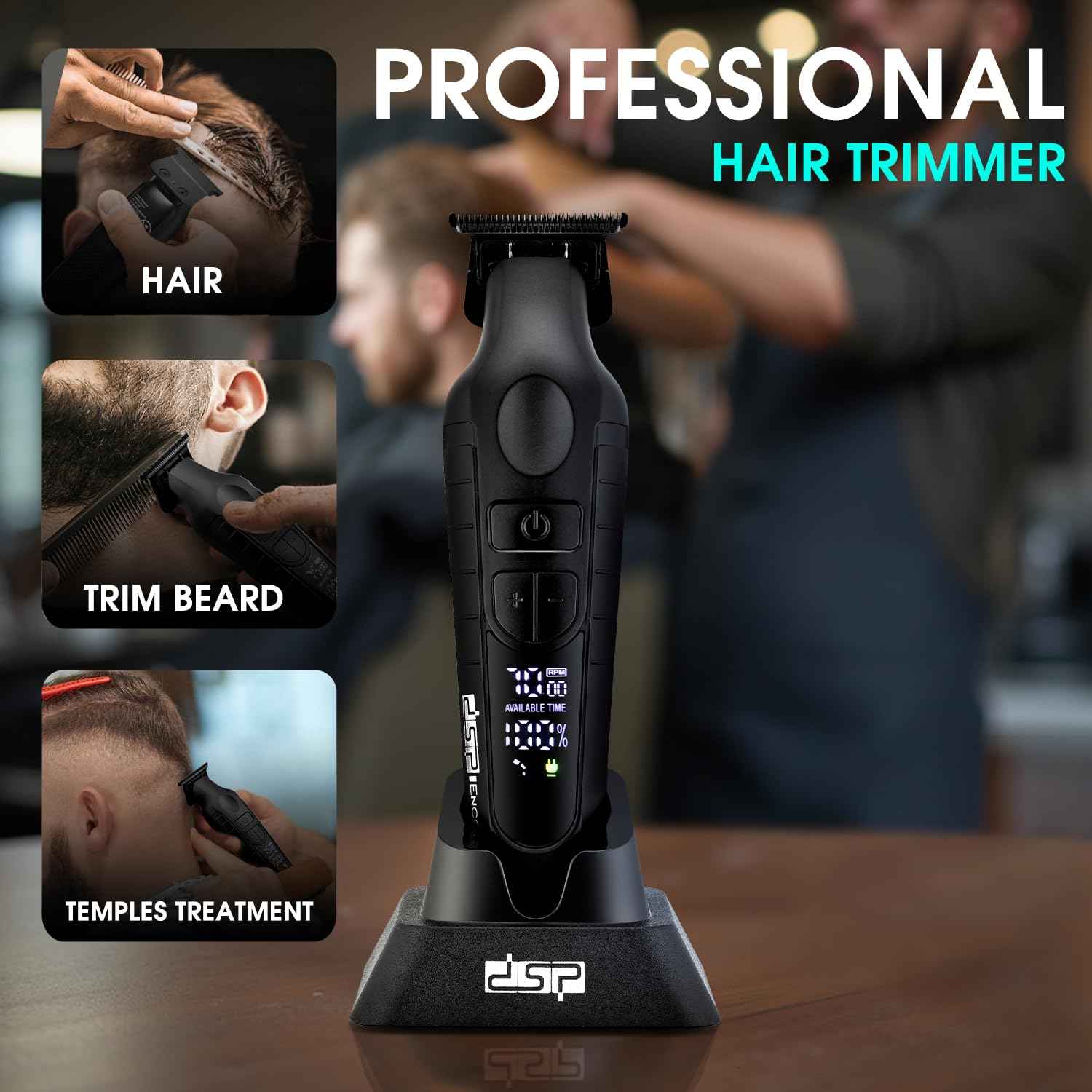 DSP Hair Trimmer for Men, Beard Trimmer, Cordless USB Rechargeable Barber Trimmer DLC, Speeds Adjustable, Travel Lock, Low Noise with Charging Base