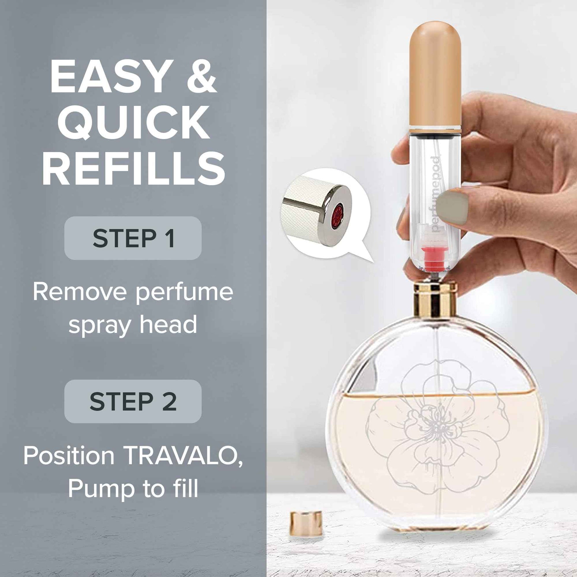 Travalo Pod Pure Perfume Atomizer Duo w/Pouch - Leak-Proof and TSA Approved for Air Travel - Reusable, Airtight, Easy-Fill Mini Pump Sprayer - Clear Body - Lid Colors Silver & Perfect Pink - 2 Pack