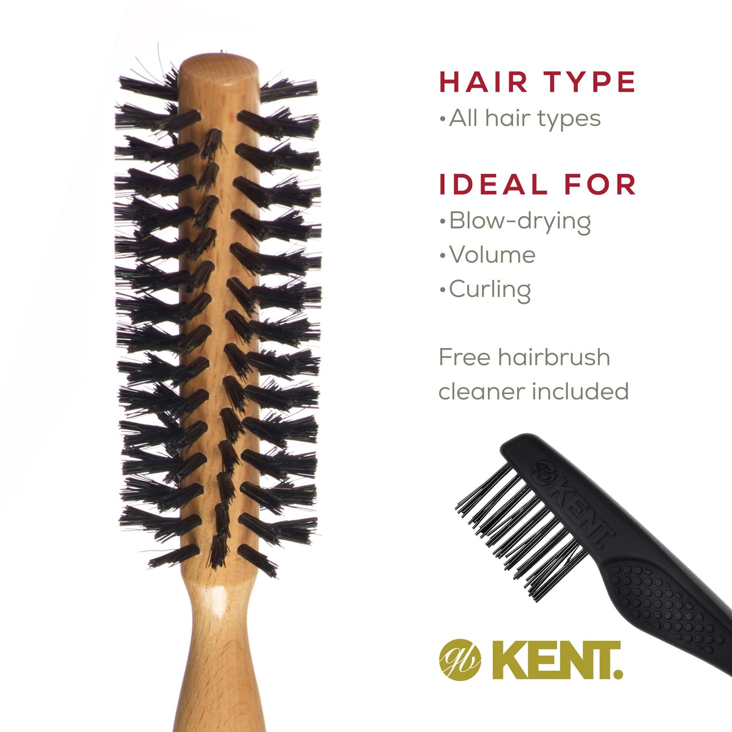 Kent LBR1 Finest Hair Brushes for Women Blow Dry Brush Made of Beechwood -Spiral Radial Boar Bristle Hairbrush for Short or Shaped Hair - Royal Salon Style Straightening Pure Wood Brush from Kent