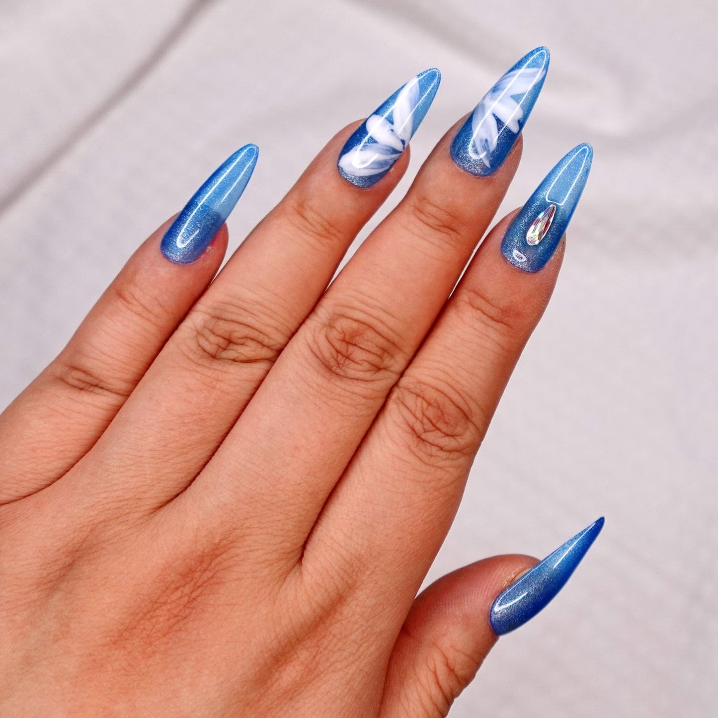 10 Pcs Handmade Press on Nails (X-Small, White Petal - Jelly Shimmer Blue with Hand Paint Artsy White Petal Butterfly and Holo Rhinestone Nail Tips/Stiletto) A113XS