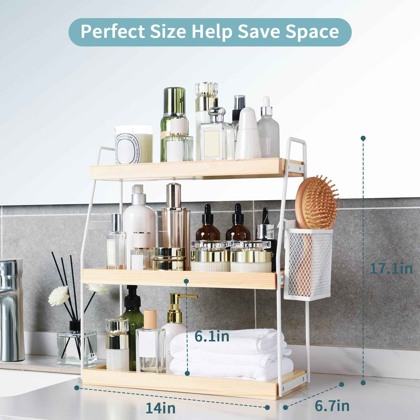 Bathroom Counter Organizer, 3-Tier Standing Storage Shelf with Basket, Wood Tray for Skincare Vanity Organizer(White)