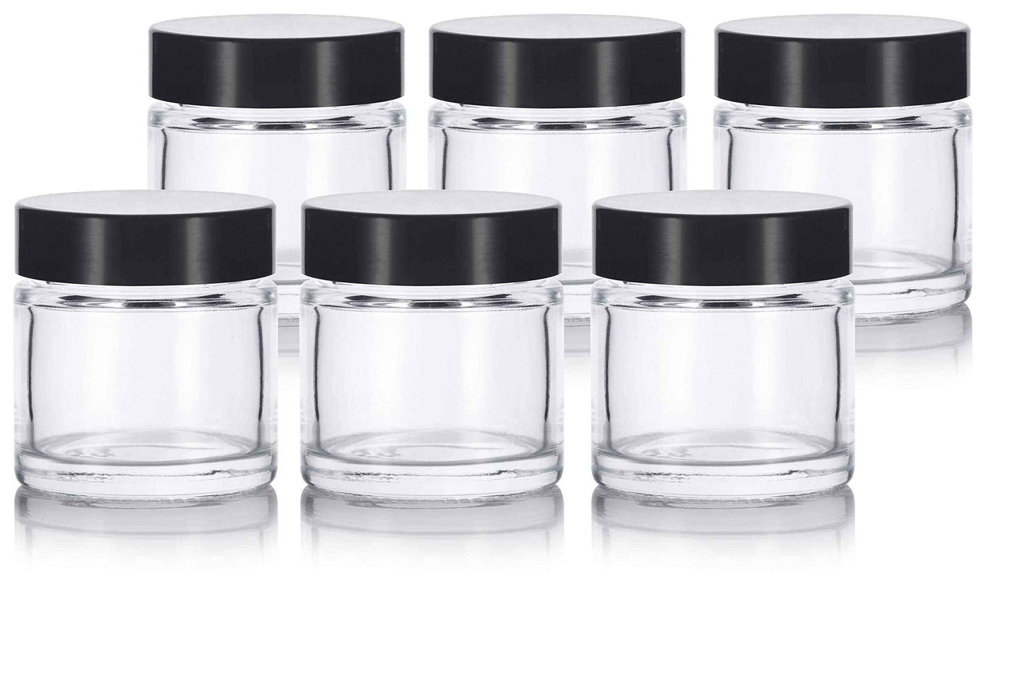JUVITUS 1 oz / 30 ml Clear Thick Glass Straight Sided Jar With Black Lids (6 pack)