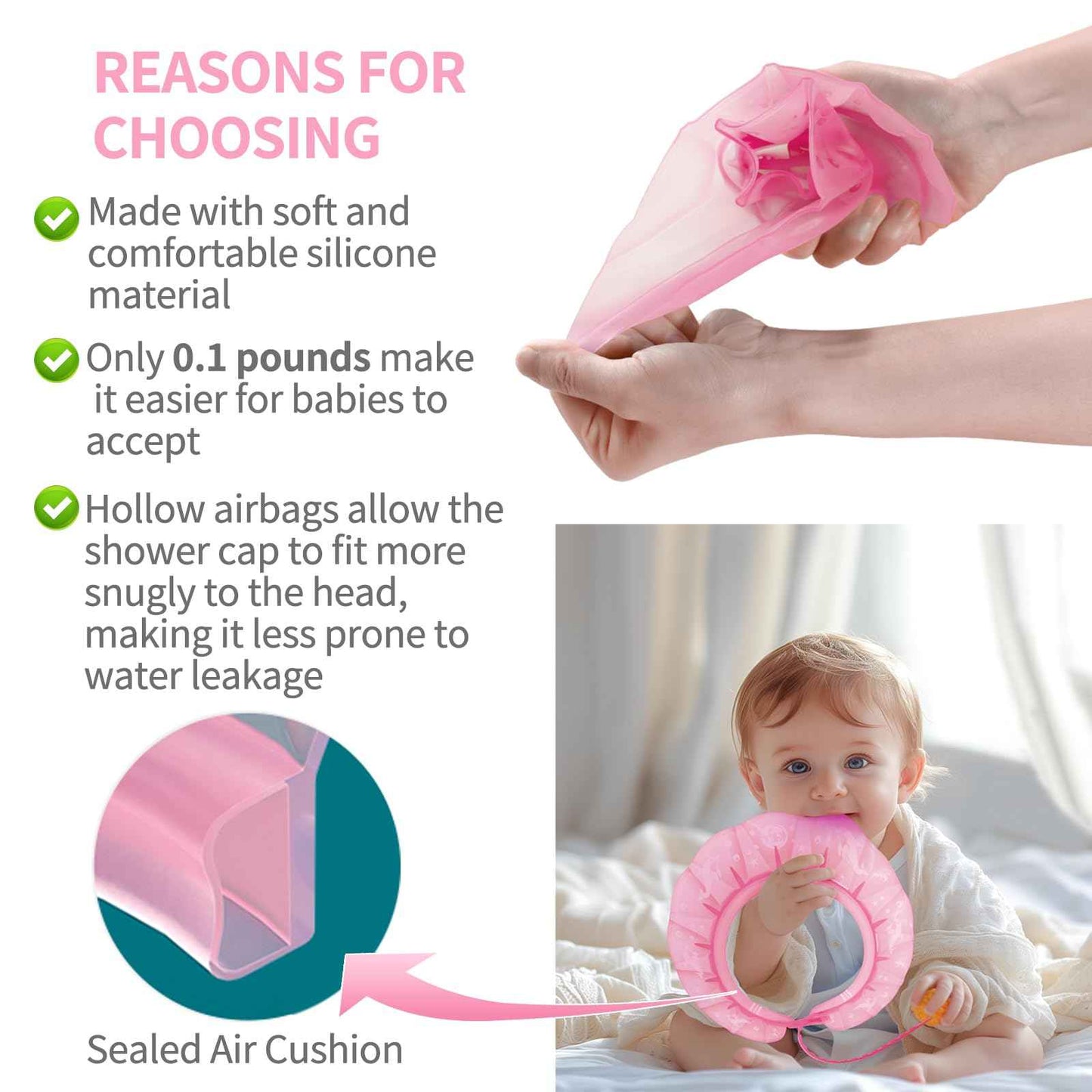 kair Baby Kids Shower Cap Soft Adjustable Silicone Toddler Bath Visor Children Hair Washing Hat Keep Water Out of Eyes & Ears Head Circumference 12.5"-19" (Pink, Less Than 24 Months)