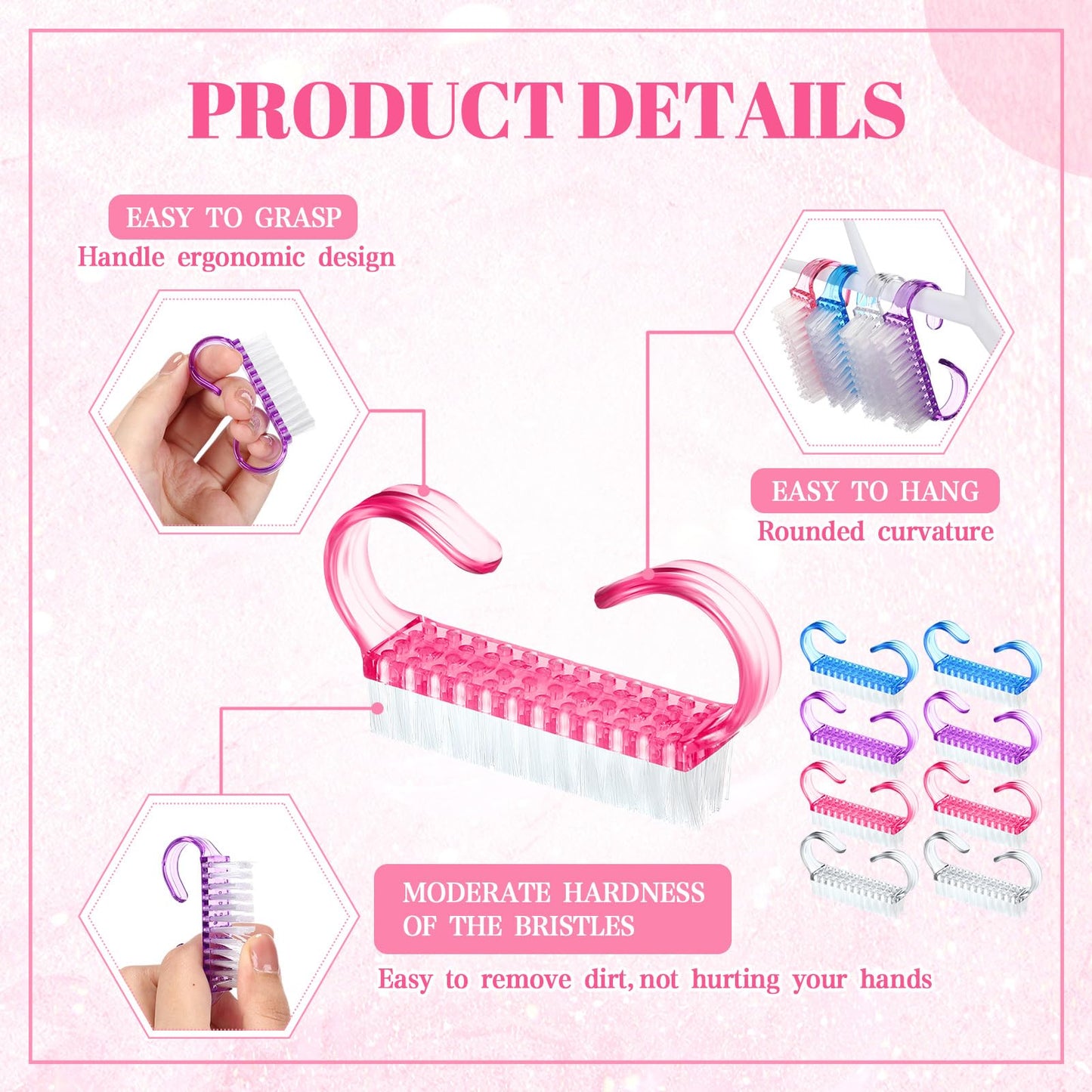 Tanlade 300 Pcs Plastic Handle Grip Nail Brush Small Fingernail Brush Scrub Nail Cleaning Brush Nail Brushes Cleaner Easy to Use Nail Scrubber Bulk for Men Women Hand Feet Toes Nail Pedicure, 4 Colors