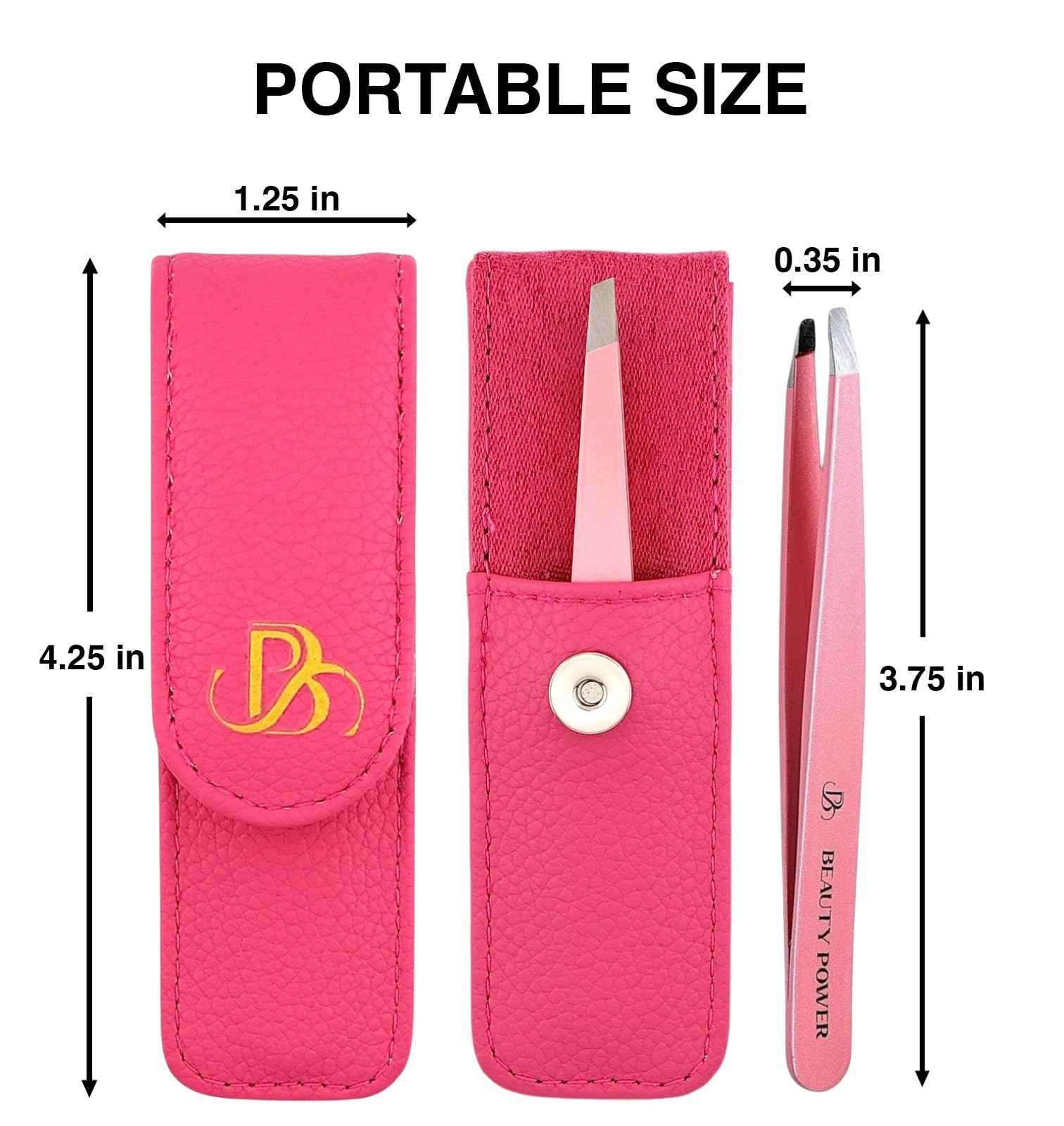 Beauty Power Professional Tweezers in Case - Slant, Durable Lightweight German Stainless Steel, Ultra Precision Tweezers for Eyebrows, Facial Hair, Chin, and Ingrown Hair Removal - Gift (Pink)