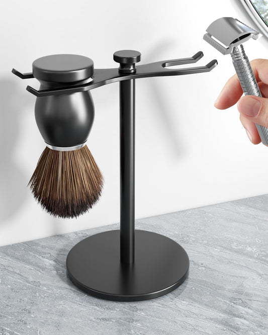 pickpiff Safety Razor Stand With Brush Holder, Black Heavy Duty Metal Shaving Holder for Men, Extra Wide Openings, Fits Most Brushes and All Kinds Of Razors