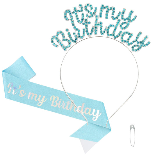 BAHABY Princess Birthday Set - Rhinestone Tiara, Sweet Happy Sash & Headband, Party Accessories - Blue