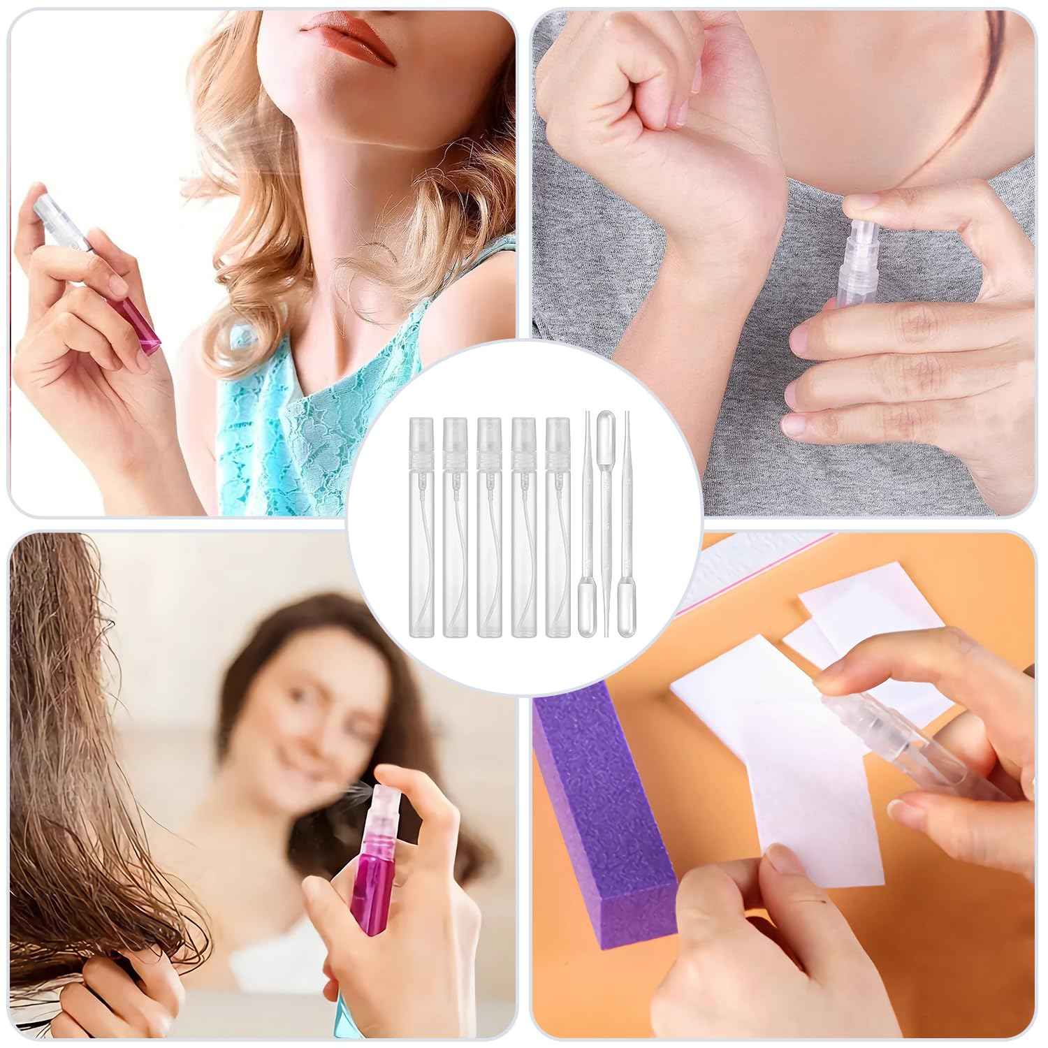 uadbau Mini Spray Bottle, 5 Pcs 10ml Perfume Bottle Empty with 3 Pcs Transfer Pipettes, Fine Mist Refillable Perfume Atomizer, Small Empty Sample Containers, Plastic Portable Travel Bottle - Clear