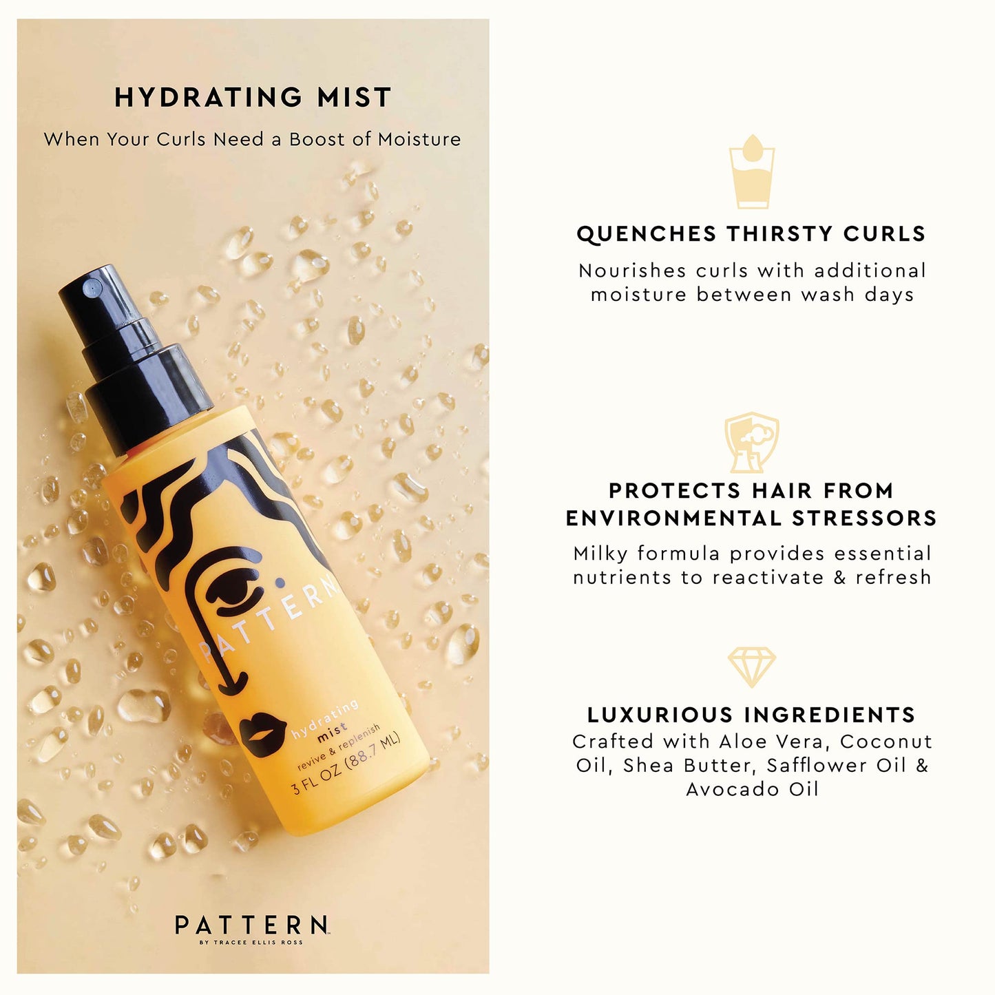 PATTERN Beauty by Tracee Ellis Ross Hydrating Mist w Avocado Oil for Curly Hair 3a-4c, Travel Size, 3 fl oz