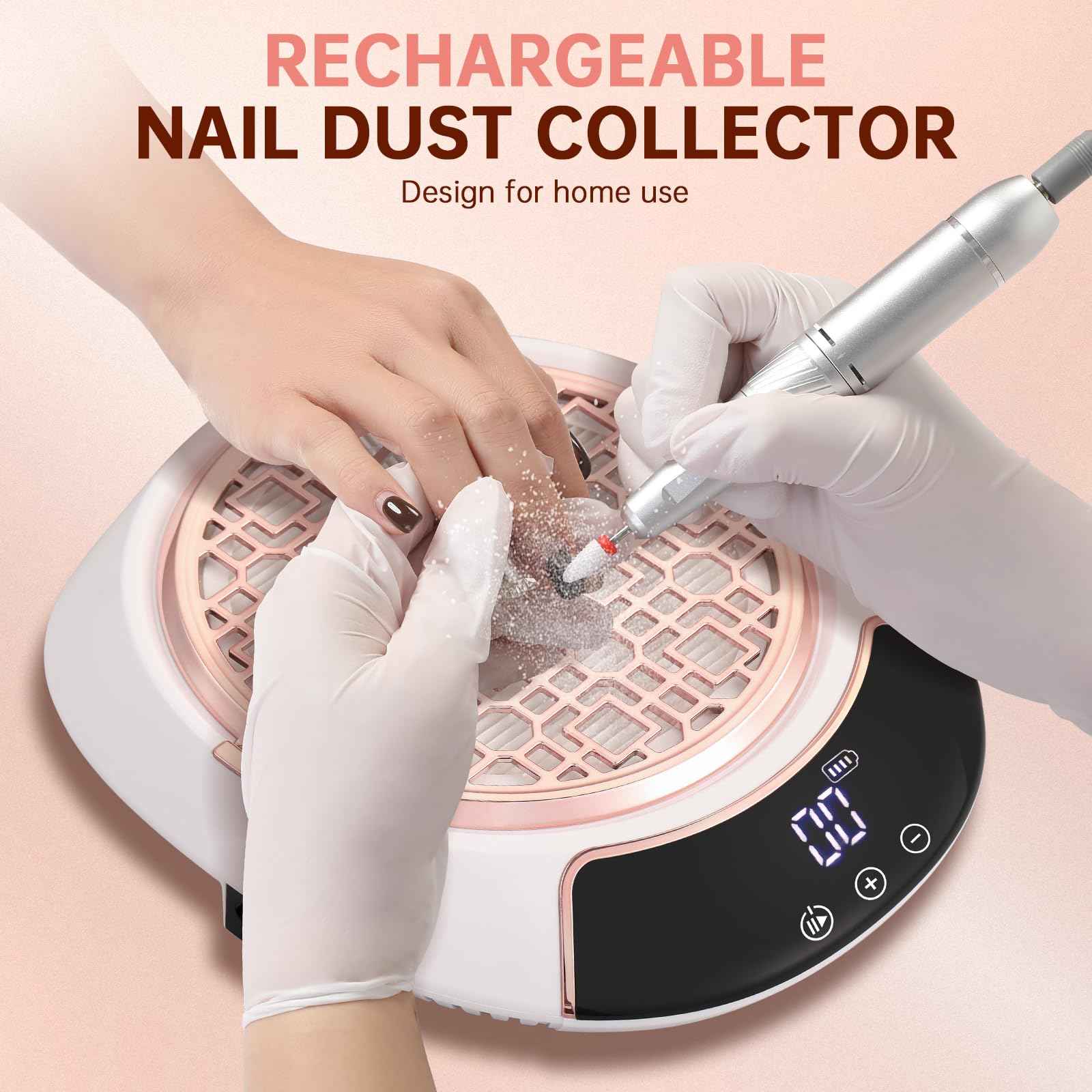 CHRISTINE SHELLY 3500RPM Cordless Nail Dust Collector,Portable Dust Collector Nail Tech with LED Display,Rechargeable Dust Suction Machine with Reusable Fillter for Acrylic Gel Polish,Salon & Home