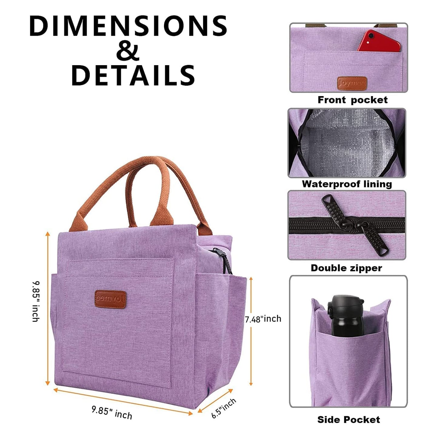 Joymee Lunch Bag Women Insulated Lunch Box Reusable Leakproof Large Spacious Cooler Tote for Women Men Adult with Bottle Holder and Side Pockets for Work Office Travel Picnic - Purple