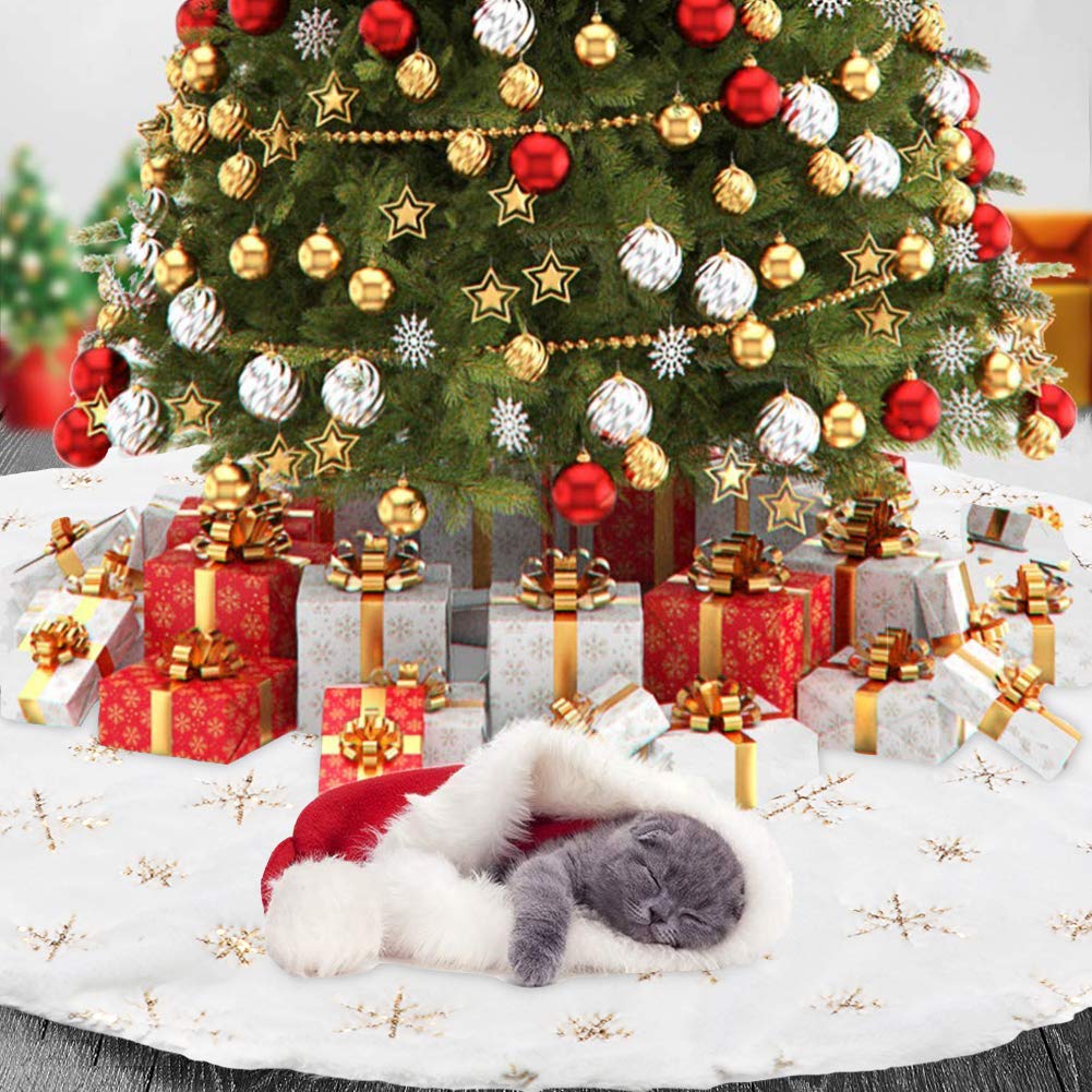 Dremisland Christmas Tree Skirt, 48" Large White&Gold Luxury Faux Fur Tree Skirt with Snowflakes Super Soft Thick Plush Tree Skirt for Xmas Tree Decoration (Golden, 48inch/122cm)