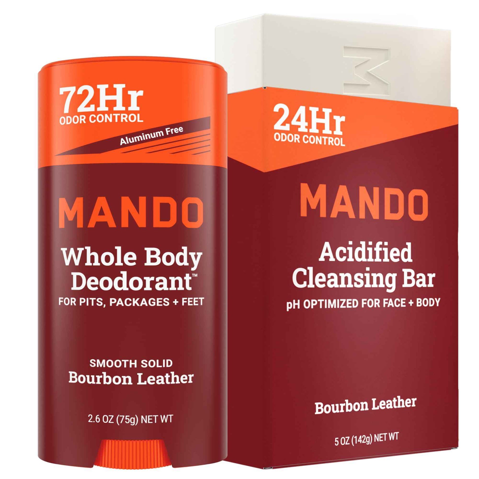 Mando Whole Body Deodorant 2 Piece System - 2.6oz Smooth Solid Stick & 5.0oz 4in1 Acidified Cleansing Bar - Aluminum & Baking Soda Free Odor Control - Doctor Developed - 2 pc Bundle (Bourbon Leather)
