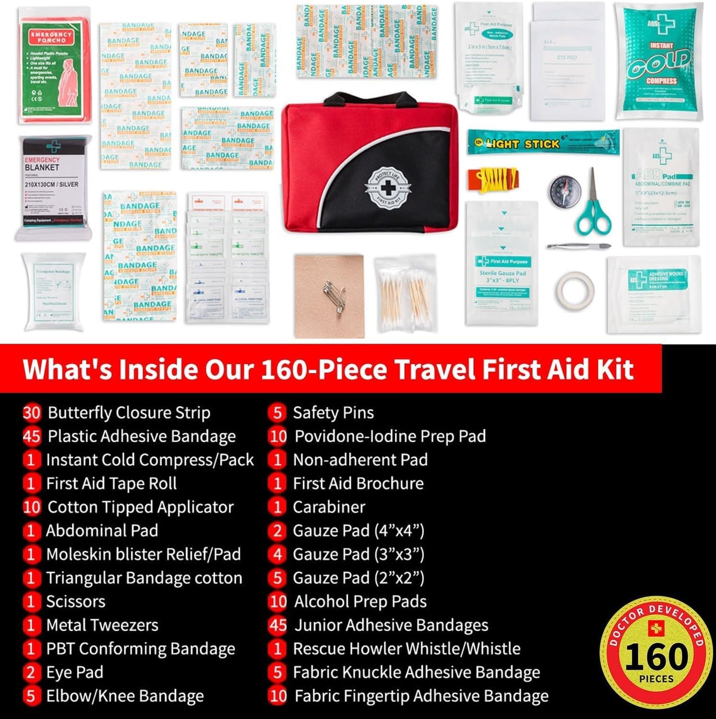 Protect Life First Aid Kit for Home/Business, HSA/FSA Eligible Emergency Kit Travel First Aid Kit Mini | Camping First Aid Kit Hiking | Small First Aid Kit for Car | Survival Medical Kit - 160pcs