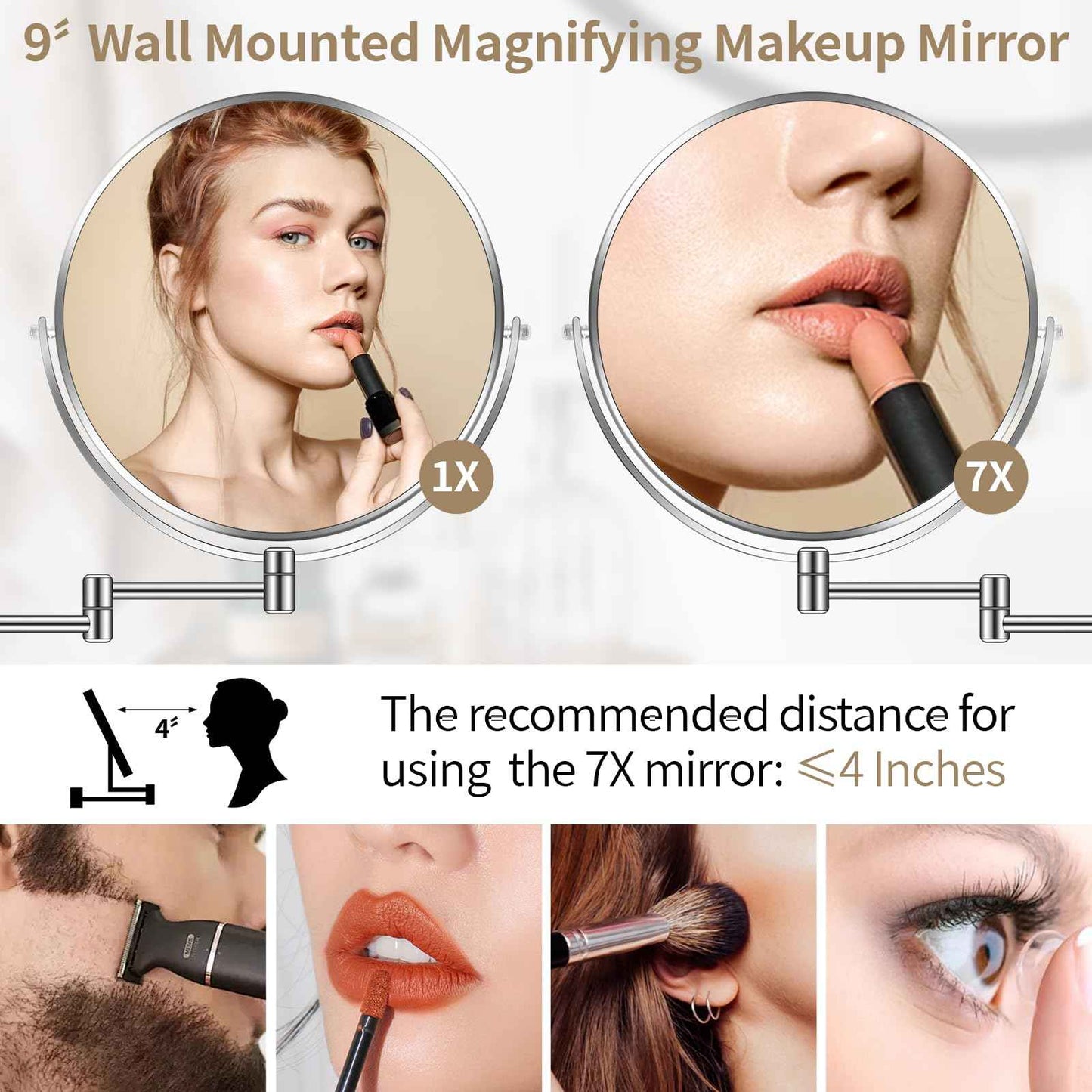 BTremary 9” Large Wall Mounted Makeup Mirror 1X/7X Double-Side Bathroom Magnifying Mirror 360 Swivel Vanity Mirror Extendable Shaving Wall Mount Cosmetic Mirror for Men and Women, Chrome