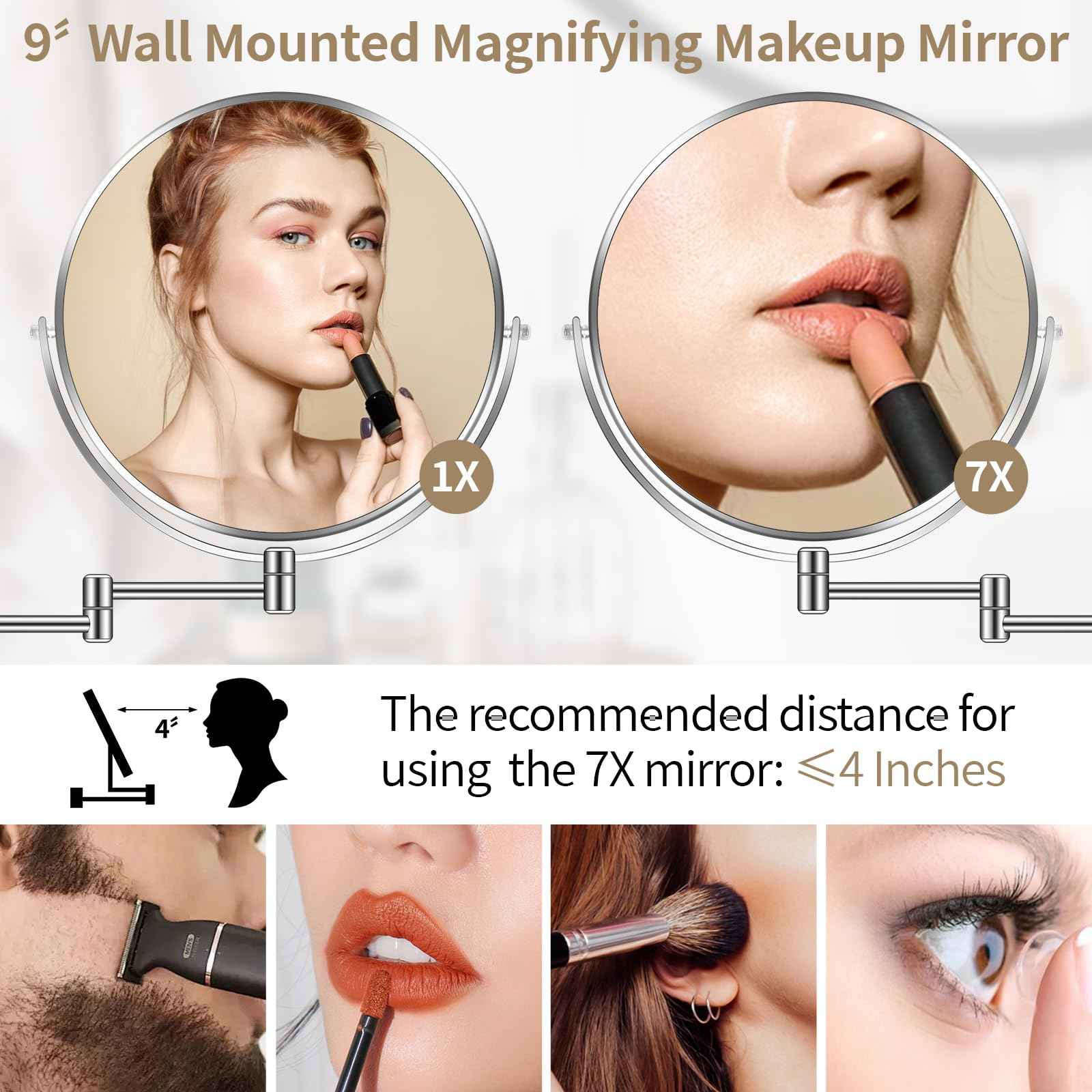 BTremary 9” Large Wall Mounted Makeup Mirror 1X/7X Double-Side Bathroom Magnifying Mirror 360 Swivel Vanity Mirror Extendable Shaving Wall Mount Cosmetic Mirror for Men and Women, Chrome