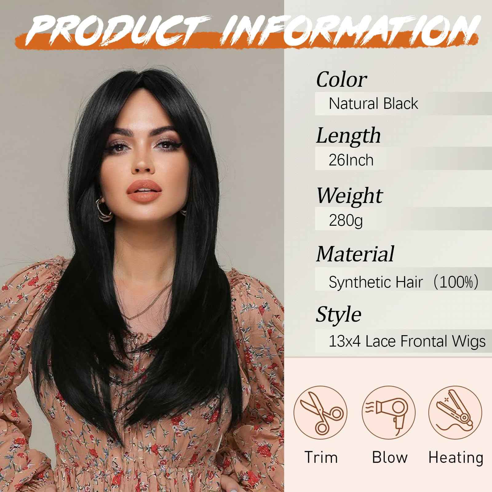 Natural Black Lace Front Wig 26 Inch - 13x4 HD Lace Layered Wigs for Women, Wear and Go Glueless Wigs Pre Plucked Pre Cut Long Straight Syntheic Fiber Pre-styling Hair for Daily