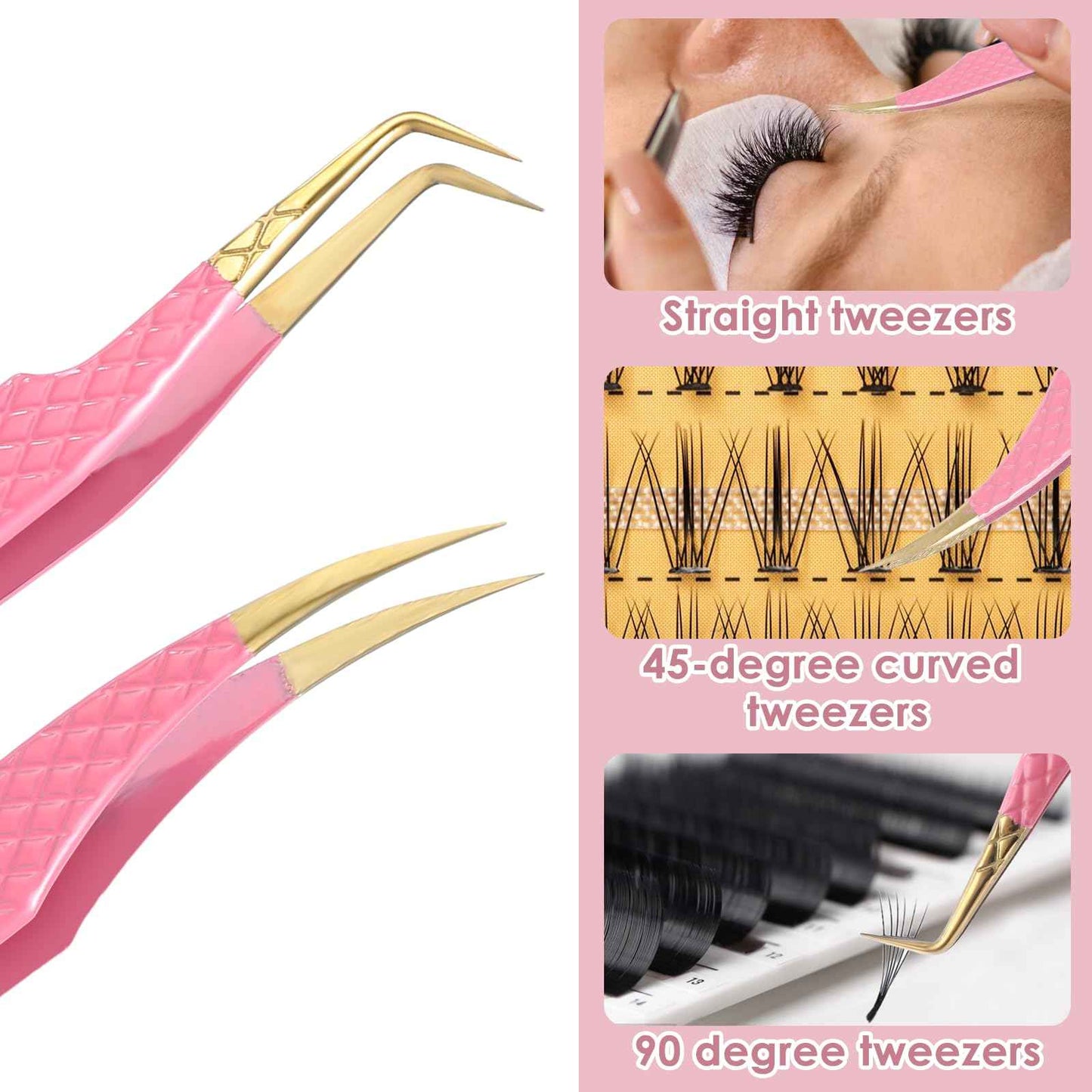 Tyqour 2Pcs Lash Tweezers for Eyelash Extensions 90 Degree Eyelash Extension Tweezers Fiber Tip Lash Tweezers False Eyelash Tweezers Lash Cluster Tweezers for Volume Lashes, Pink