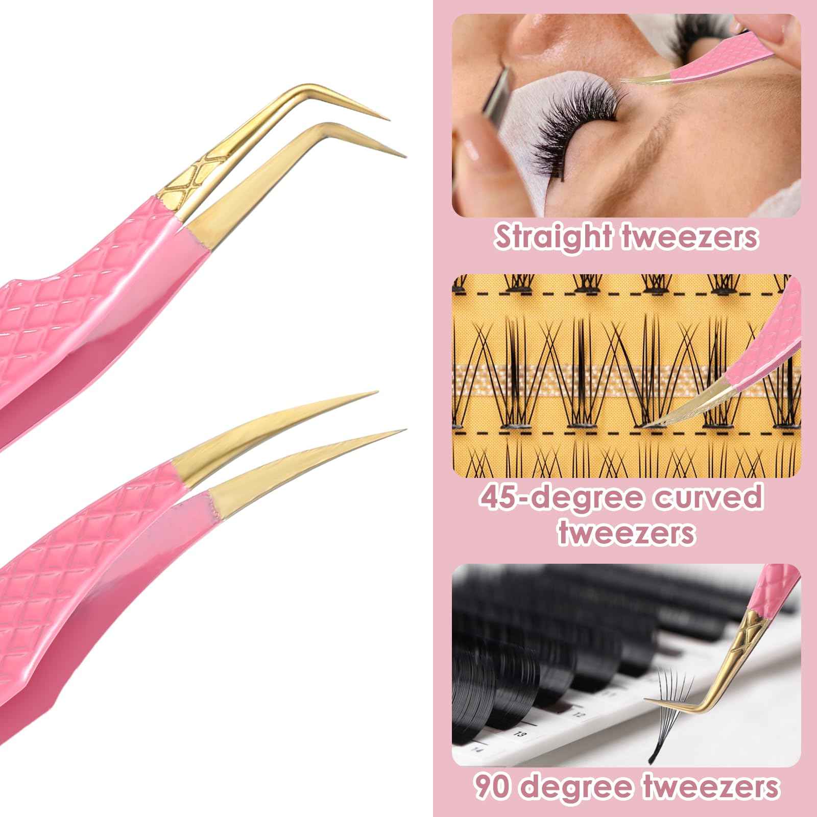 Tyqour 2Pcs Lash Tweezers for Eyelash Extensions 90 Degree Eyelash Extension Tweezers Fiber Tip Lash Tweezers False Eyelash Tweezers Lash Cluster Tweezers for Volume Lashes, Pink