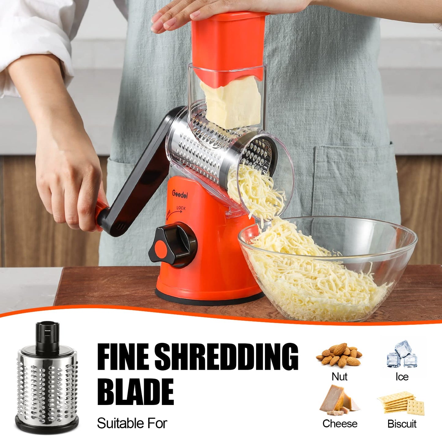 Geedel Rotary Cheese Grater, Kitchen Mandoline Vegetable Slicer with 3 Interchangeable Blades, Easy to Clean Rotary Grater Slicer for Fruit, Vegetables, Nuts