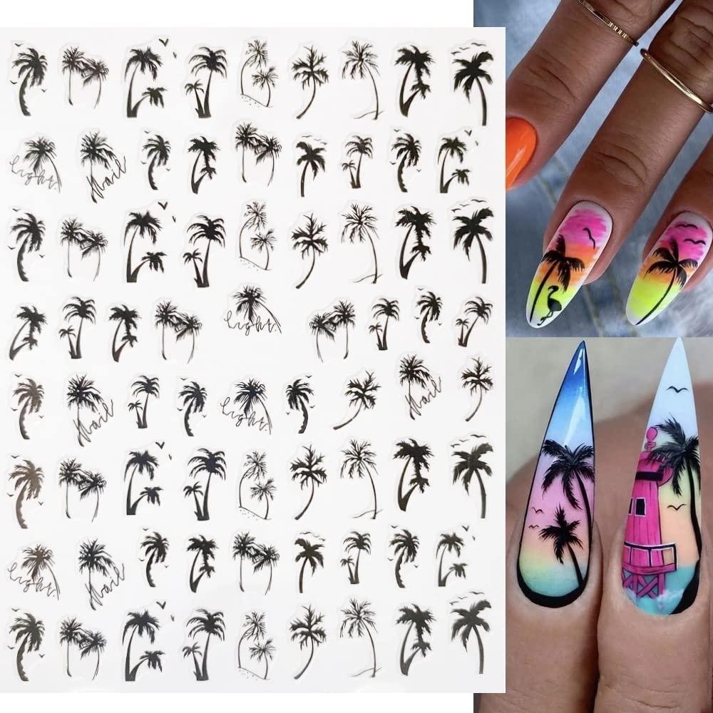 Summer Coconut Tree Nail Stickers Palm Tree Leaf Designer Nail Decals for Summer Nails Art Decorations Supplies 3D Self-Adhesive Black Gray Tropical Style Summer Nail Art Stickers for Women, 6Sheets