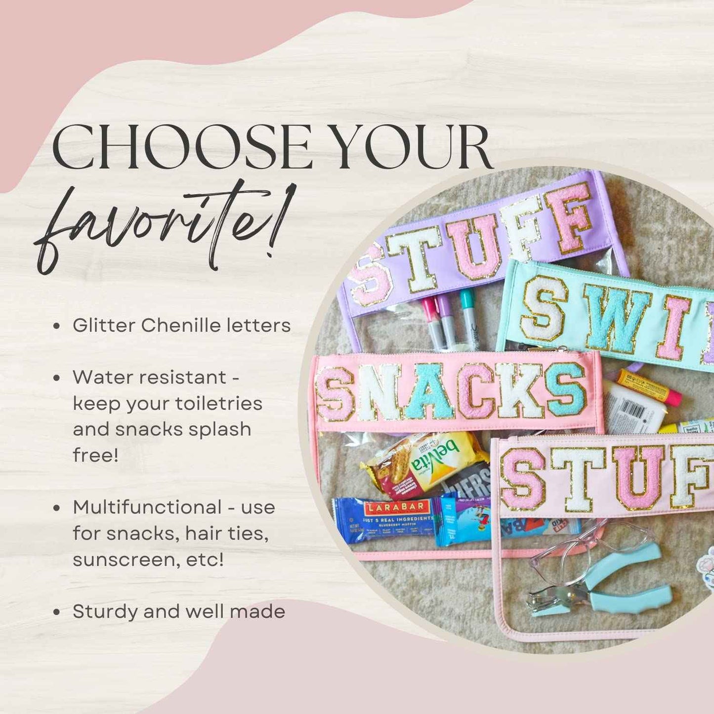 Snack Pouch with Chenille Letters, Snacks Bag for Travel Makeup Bag Cosmetic Pouch Varsity Letter Patches, Vacation Essentials