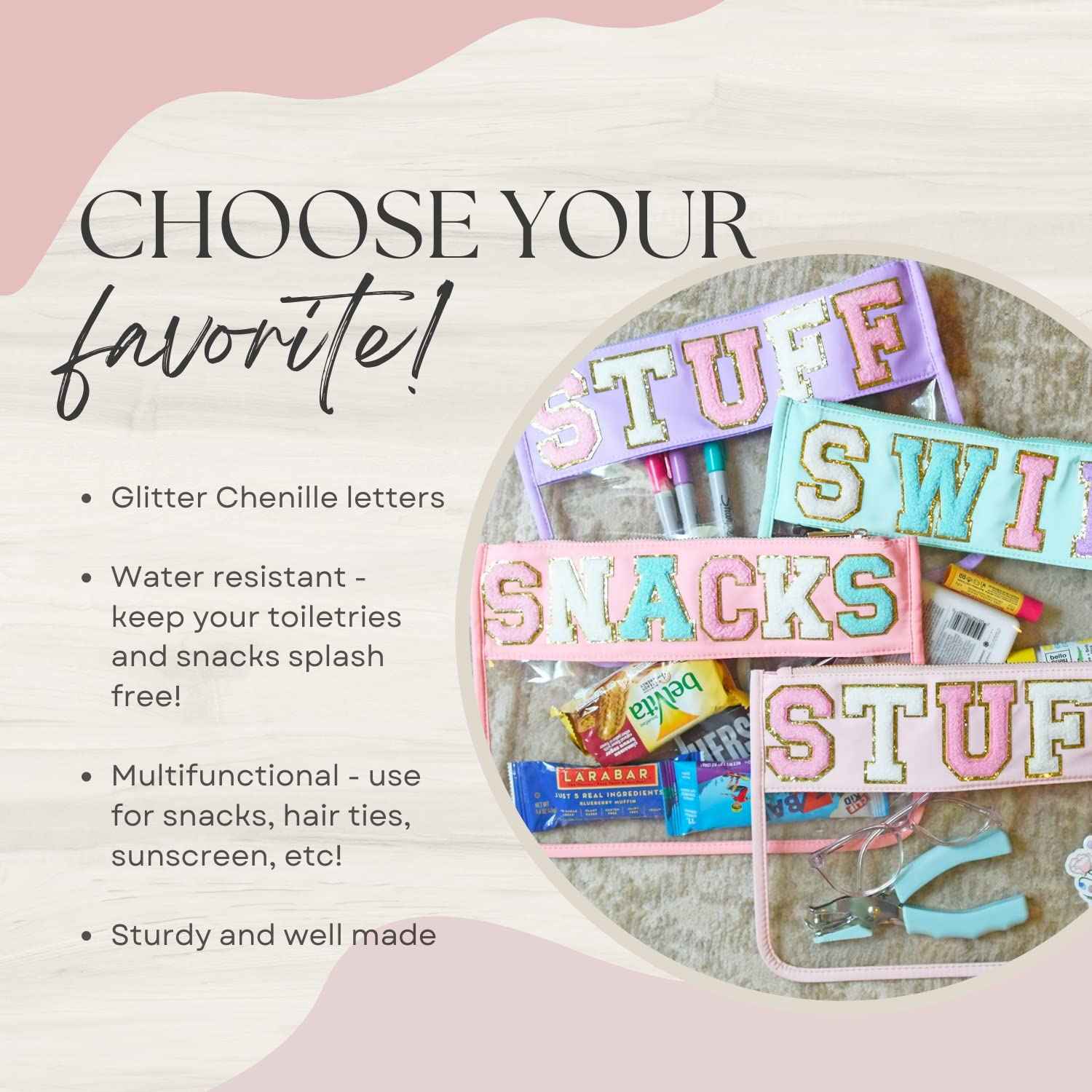 Snack Pouch with Chenille Letters, Snacks Bag for Travel Makeup Bag Cosmetic Pouch Varsity Letter Patches, Vacation Essentials