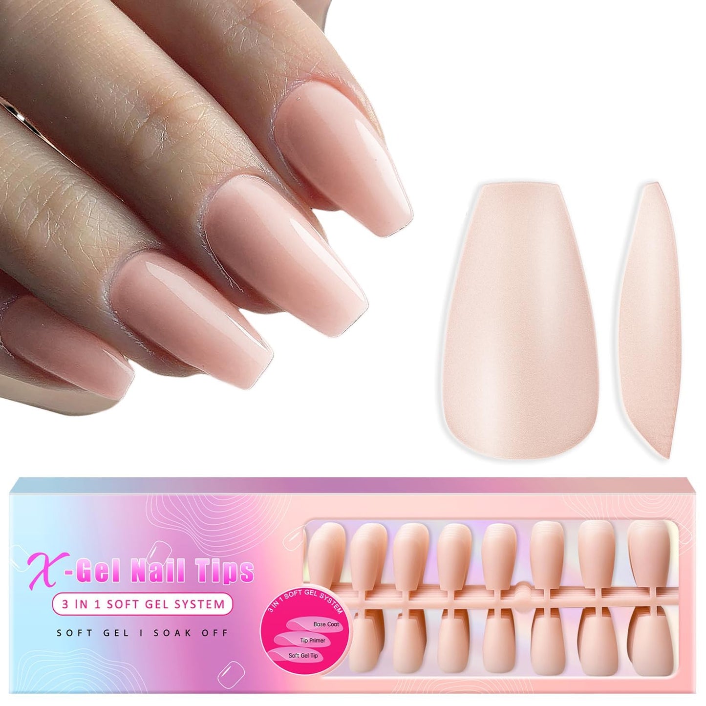 Nude Pink Gel X Nail Tips Medium Short Coffin Gel X Nails Pre-colored Gel X Tips Medium Press on Nails Pre Applied Tip Primer Soft Gel Nail Tips Natural Acrylic Fake Nails Extensions for DIY, 300Pcs