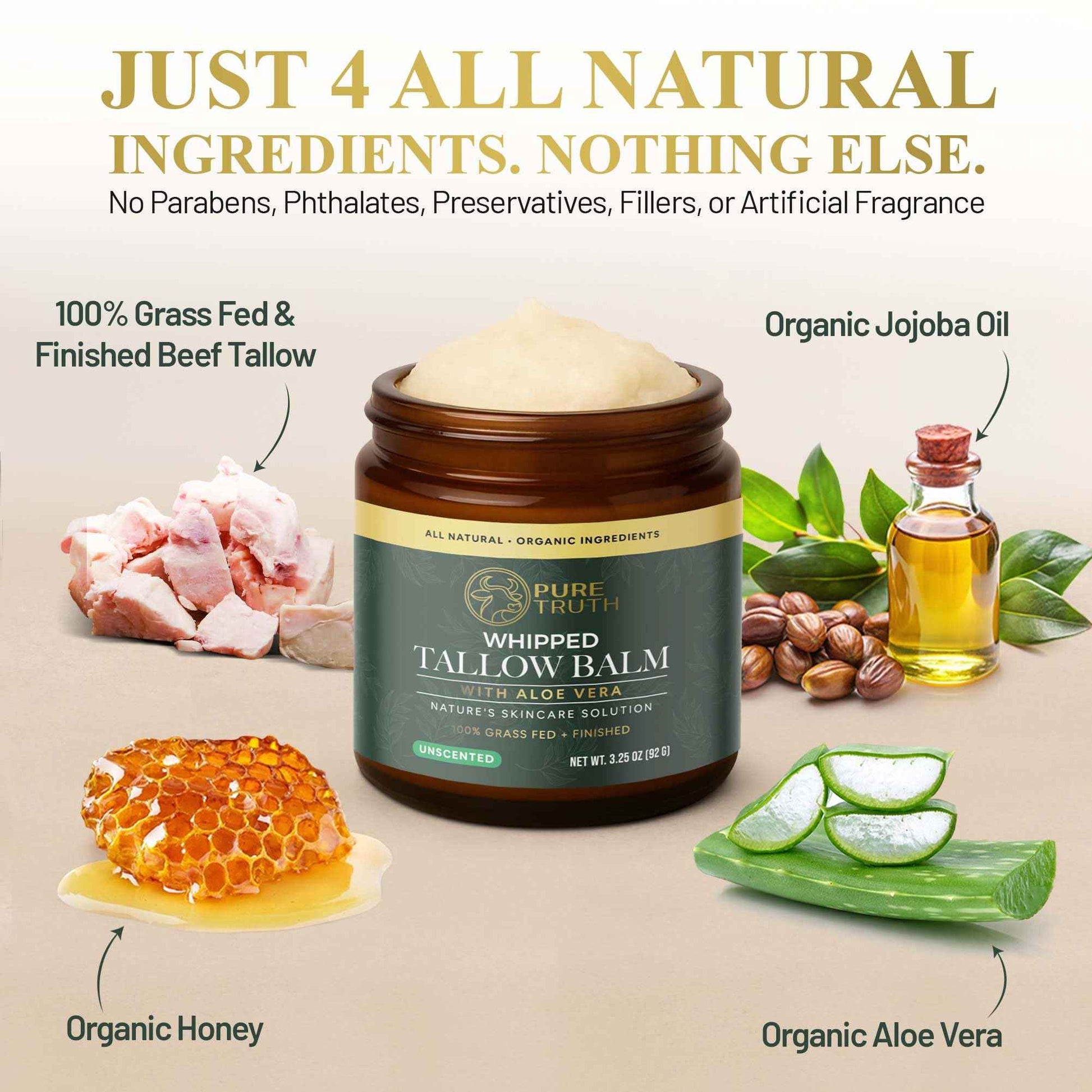 Pure Truth Beef Tallow for Skin (Unscented) - Whipped Tallow and Honey Balm, 100% Grass Fed Tallow for Face + Body Moisturizer Cream with Organic Honey, Aloe Vera, Jojoba Oil - For Men & Women 3.25 oz
