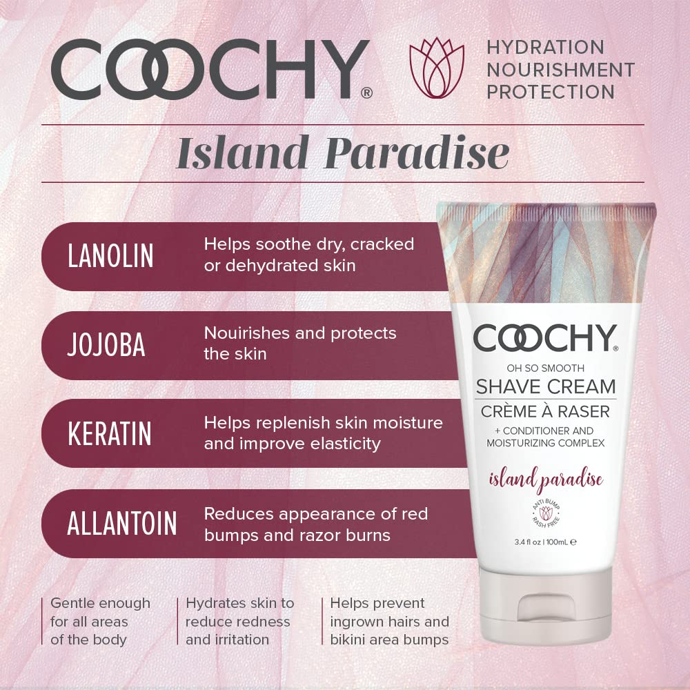 Coochy Rash-Free Shave Cream | Conditioner & Moisturizing Complex | Ideal for Sensitive Skin, Anti-Bump | Made w/Jojoba Oil, Safe to Use on Body & Face | Island Paradise 3.4floz/ 100mL