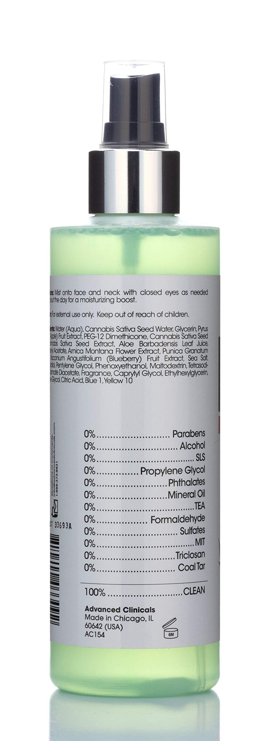 Advanced Clinicals Hemp Oil Hydrating Facial Toner Mist W/Natural Extracts to Energize Aging, Oily, & Dry Skin for Firm, Soft Glow. Alcohol Free Moisturizing Spray W/Sea Salt, & Aloe, 8 Fl Oz