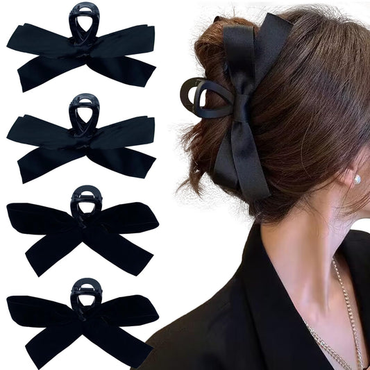 4 PCS Silky Satin Bow Hair Claw Clips, Bow-knot Hair Jaw Clips Nonslip Hair Clamps Clips Large Hair Clips French Soft Ribbon Hair Barrettes Hair Accessories for Women Girl