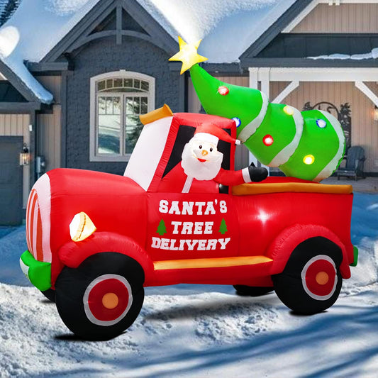 inslife 7FT Christmas Inflatable Santa Driving Truck with Christmas Tree Decoration, Xmas Blow Up Santa Inflatables Truck Built-in 11 Led Lights for Christmas Home Yard Lawn Outdoor Decorations