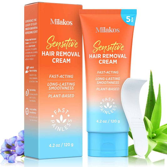 Milakos Painless Hair Removal Cream - Soothing Depilatory for Women with Sensitive Skin. Enriched with Aloe, Chamomile & Vitamin E, For Legs, Arms, Bikini & Underarms.