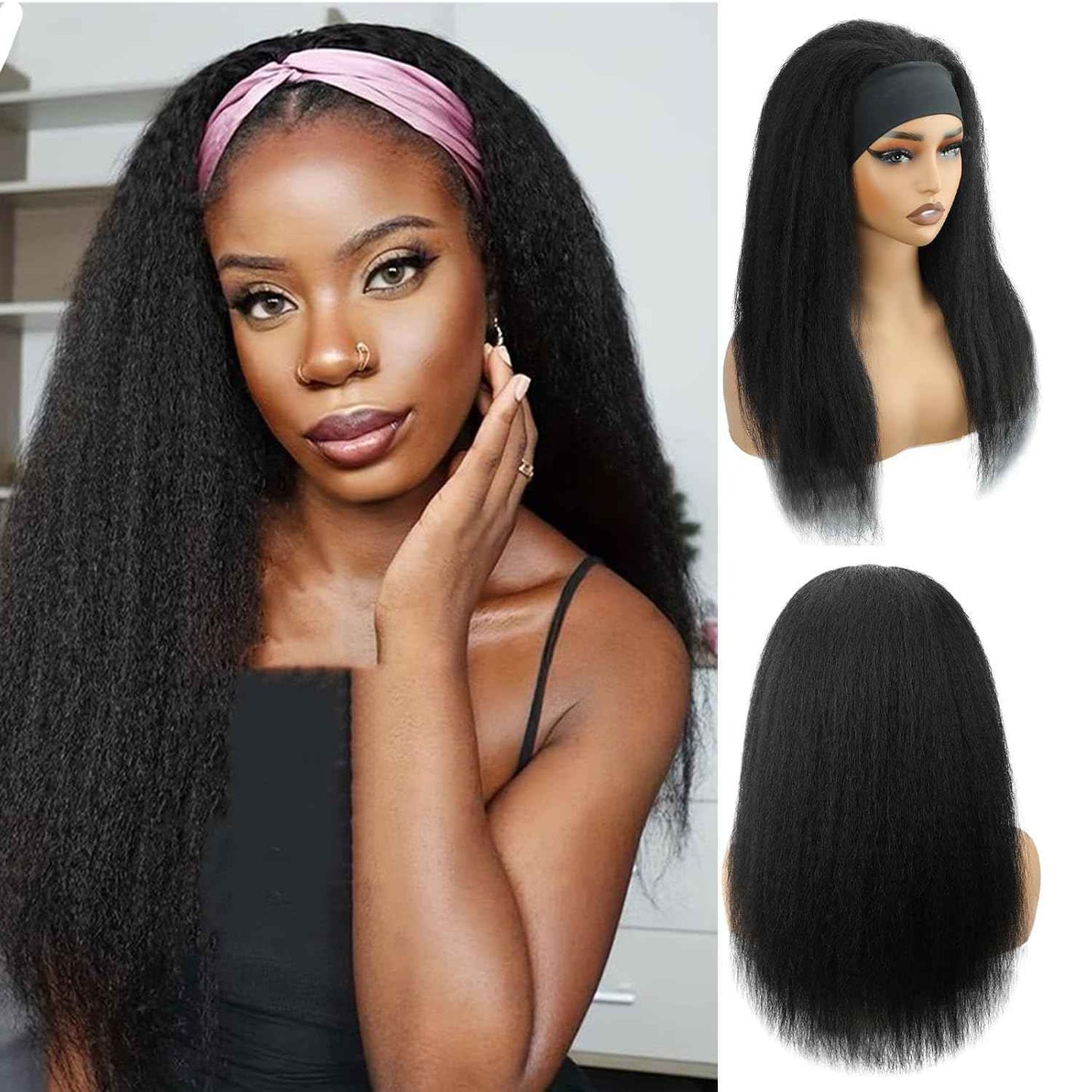 Kinky Straight Headband Wig 16 Inch Human Hair Headband Wigs for Black Women Glueless Yaki Straight Human Hair Headband Wigs Natural Black color