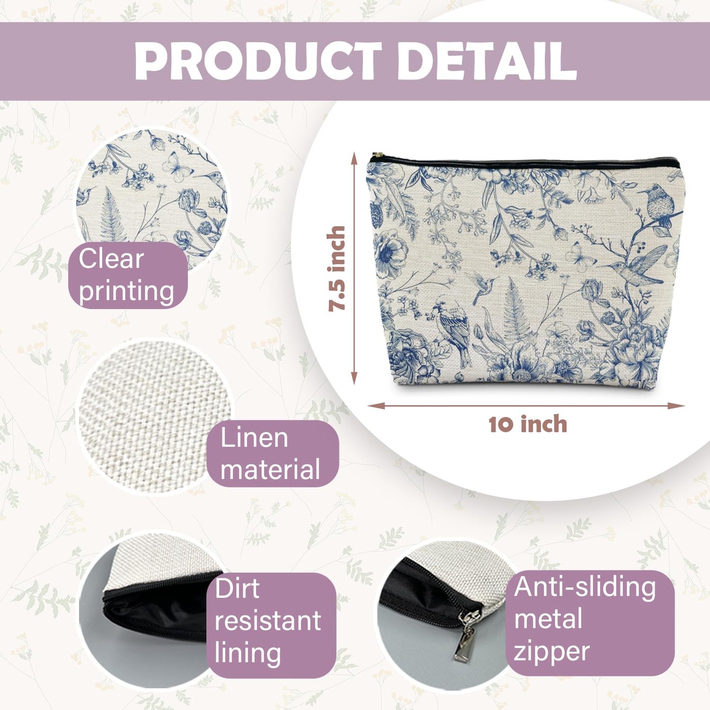 RYYCDOI Chinoiserie Floral Makeup Bag, Blue and White Chinoiserie Decor Cosmetic Bag Toiletry Bag for Women, Floral Bird Makeup Bag, Blue and White Chinoiserie Makeup Pouch