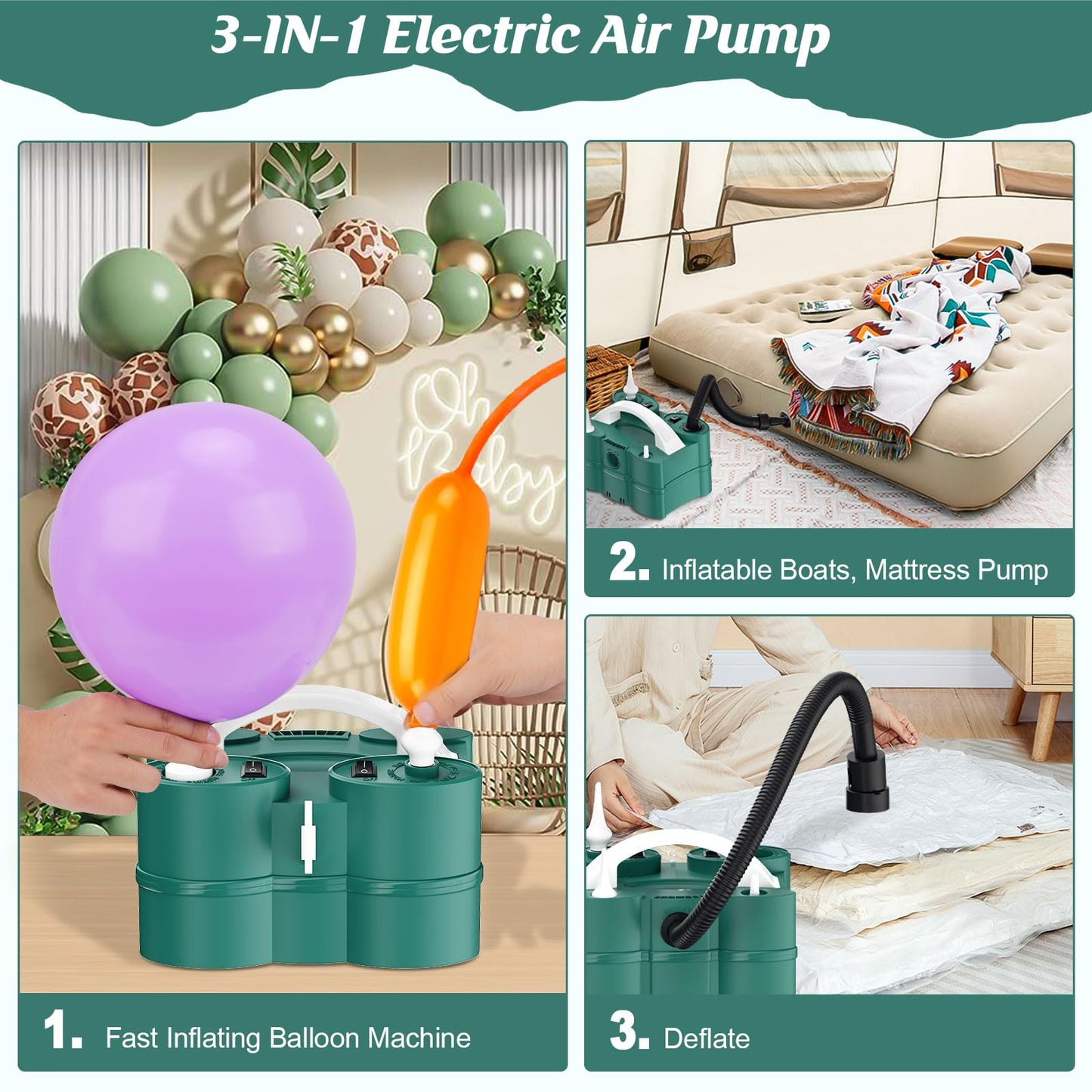 IDAODAN Electric Balloon Pump, Electric Air Inflate/Deflate Pump, Electric Balloon Blower Machine Balloon Air Pump for Latex Foil Long Balloons Pool Float Air Mattress Swimming Ring Vacuum Bag