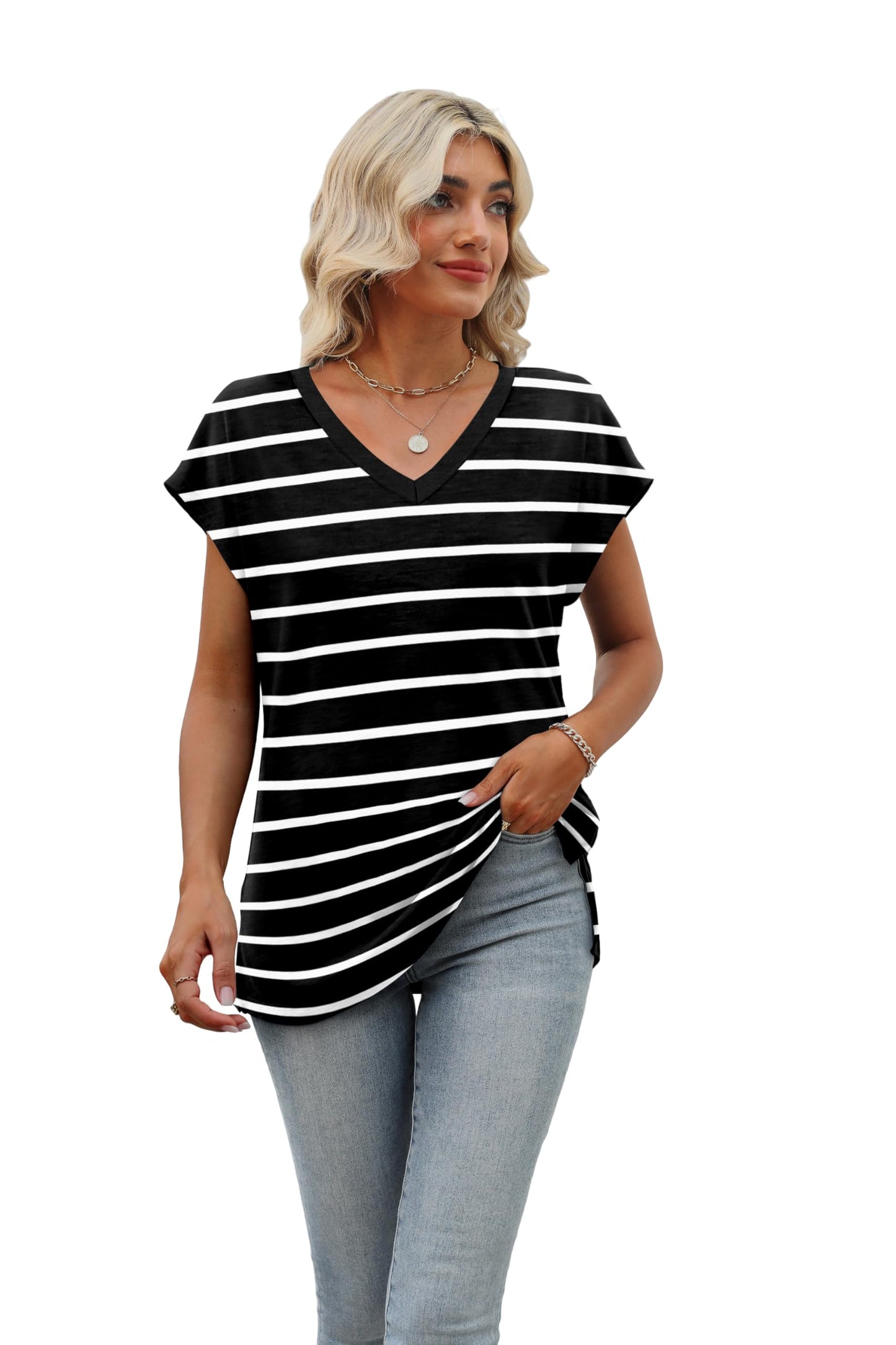 Striped Shirt Women Cap Sleeve Summer Tops 2024 Trendy Cute Tank Tops V Neck Shirts Black and White S