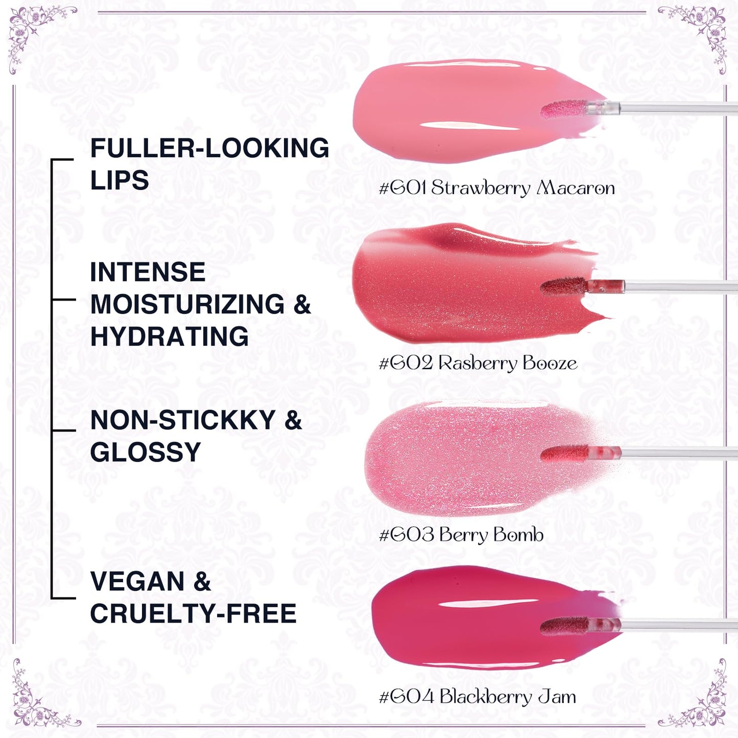 Flower Knows Violet Strawberry Rococo Glowy Lip Gloss-Moisturizing Tinted Lip Oil-Hydrating Glitter Lip Makeup for Girls&Women-Vegan & Cruelty-Free-0.12 Fl Oz,1 Count (G02 Rasberry Booze)