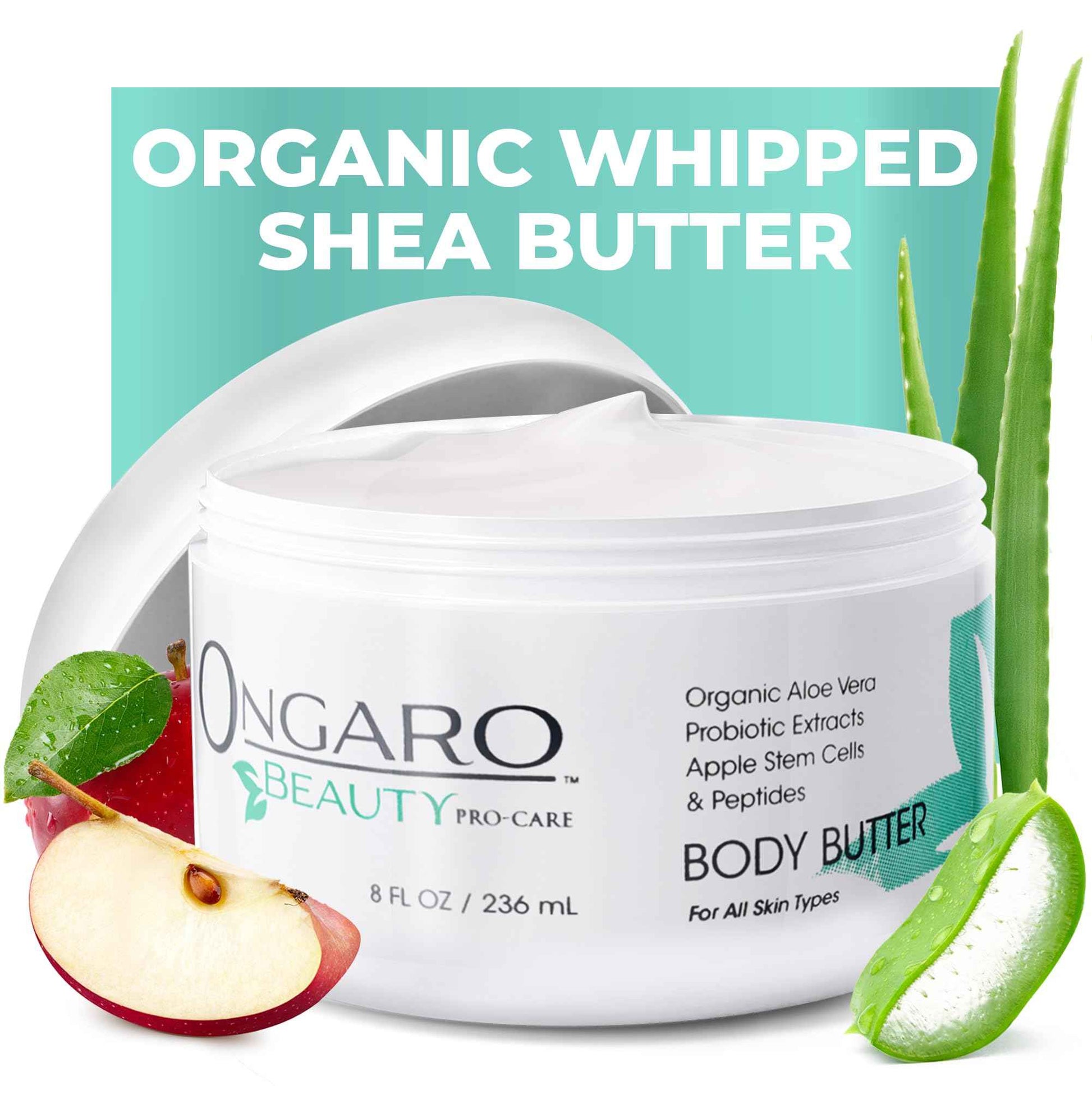 Ongaro Beauty - Whipped Body Butter Cream, Organic Shea Butter for Women with Aloe Vera, Plant Stem Cells, Peptides, Hyaluronic Acid, Probiotics, Vitamin C & E, Body Care for Women - 8 Fl Oz