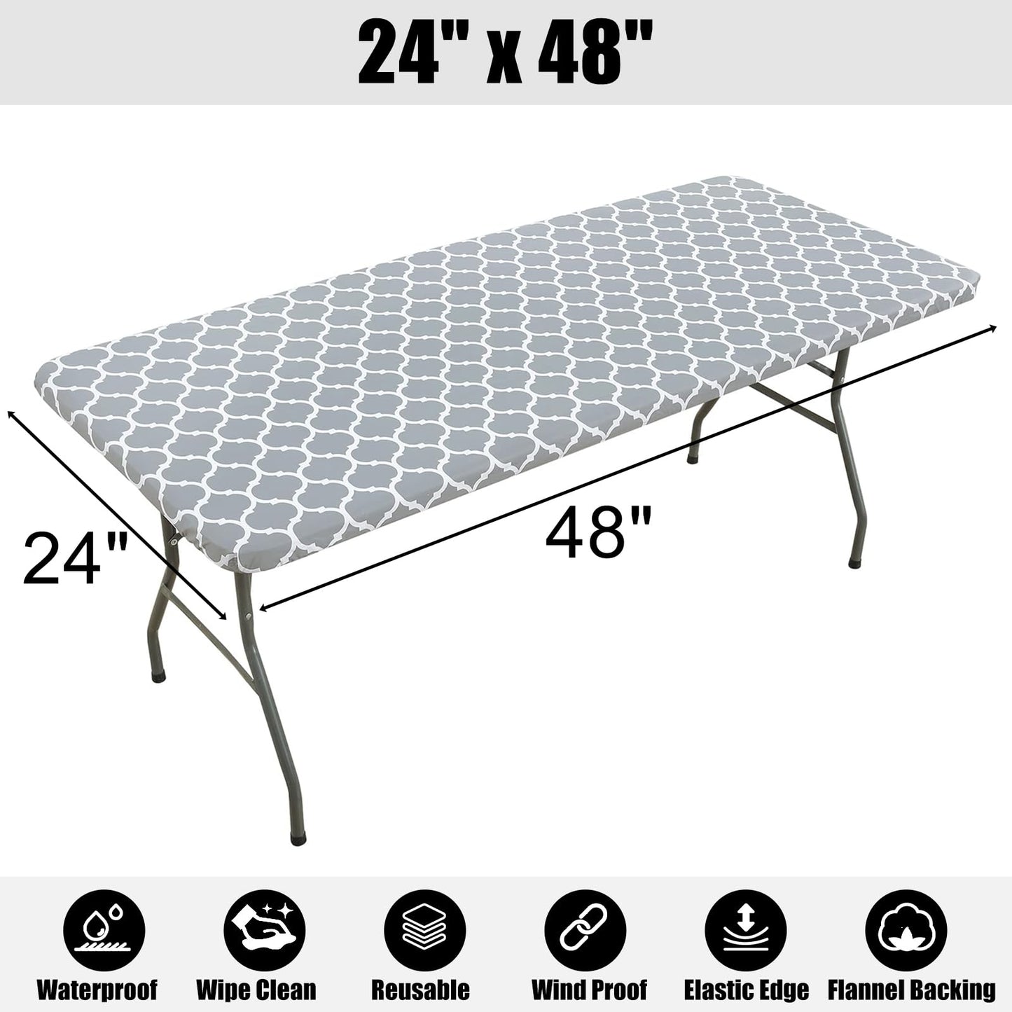 smiry Rectangle Picnic Tablecloth, Waterproof Elastic Fitted Table Covers, Wipeable Flannel Backed Vinyl Tablecloths for Camping, Indoor, Outdoor (Grey Morocco, 24x48 Inches)