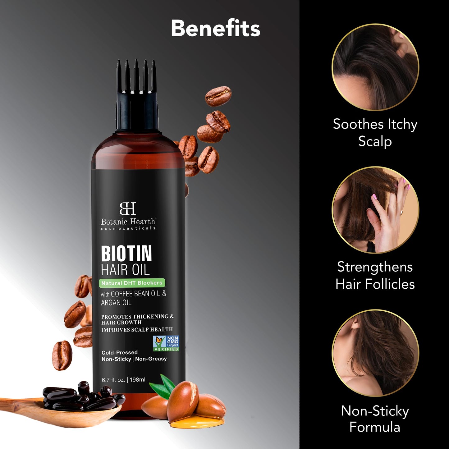 Botanic Hearth Biotin Hair Oil For Hair Growth Infused With Coffee Bean Oil & Argan Oil | Hair Strenghtening Treatment | Nourishing & Volumizing | Non GMO Verified | 6.7 fl oz