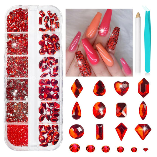 COOSLIM Nail Art Rhinestones Kit, 1380pcs Red Nail Gems Ab Flatback Rhinestones Gems Stones, 60 Multi Shapes Big Gems +1320 Round Diamonds with Pencil/Tweezers for Nail Art Craft G3