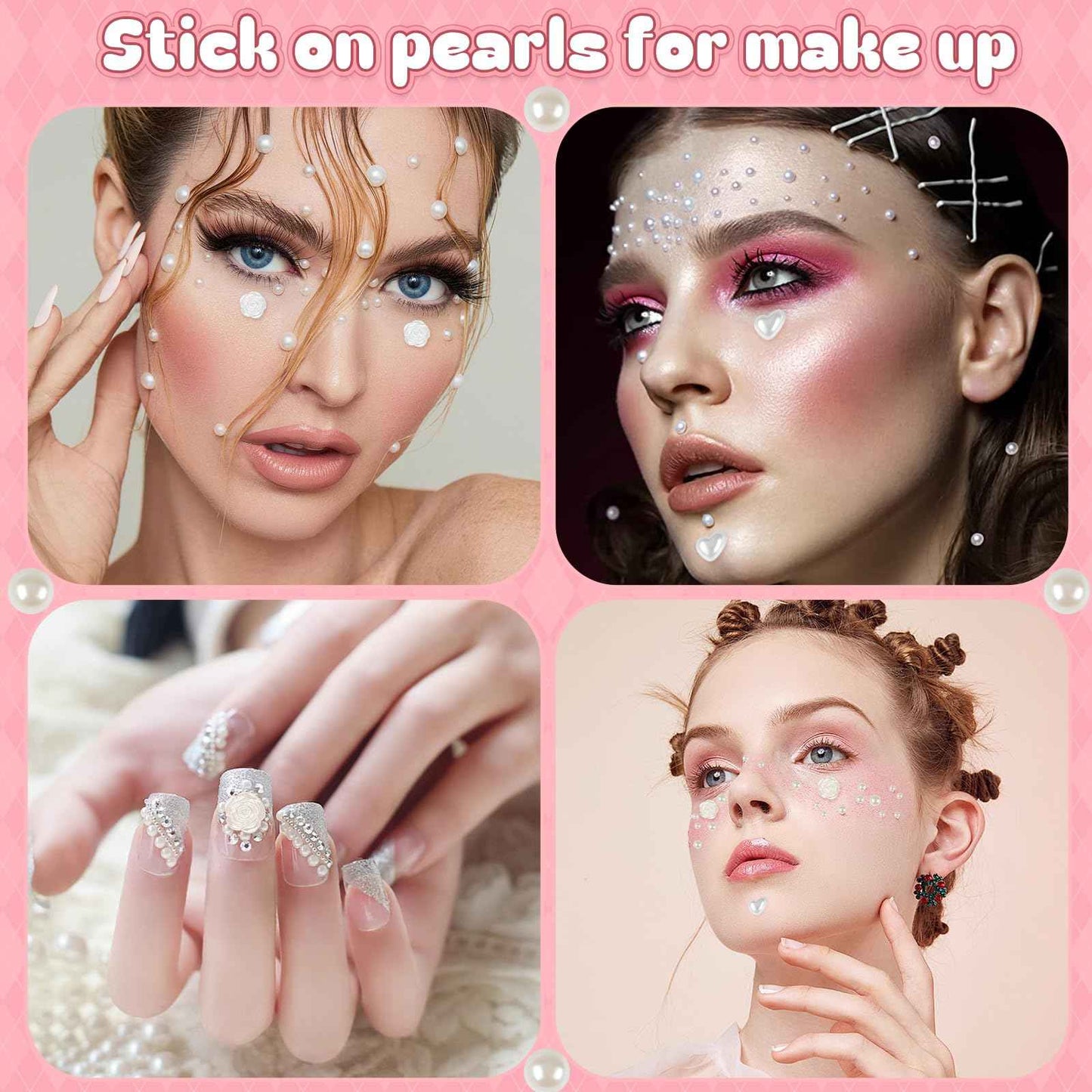 GIFOHAPY 4366 PCS Self Adhesive Pearl Stickers，Pearl Stickers for Crafts Kids，Assorted Sizes & Shape Stick on Pearls for Hair, Face, Makeup, Eye 3mm/4mm/5mm/6mm/8mm/10mm/Rose/Heart Shape