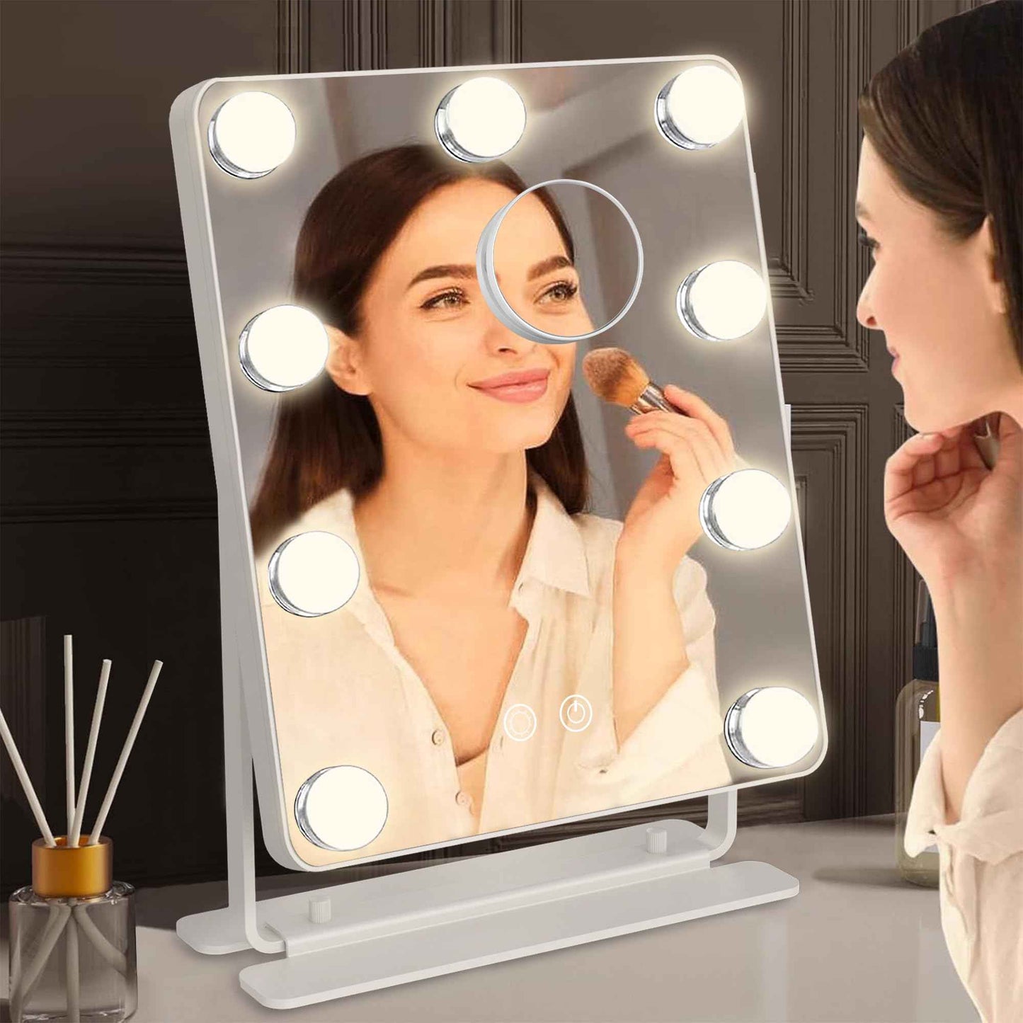 TUSHENGTU Hollywood Vanity Mirror with Lights 9" x 11", Lighted Makeup Mirror with 10X Magnification & 9 LED Bulbs Dimmable, 3 Colors Modes, Touch Control, Plug in Vanity Mirror with Lights, White