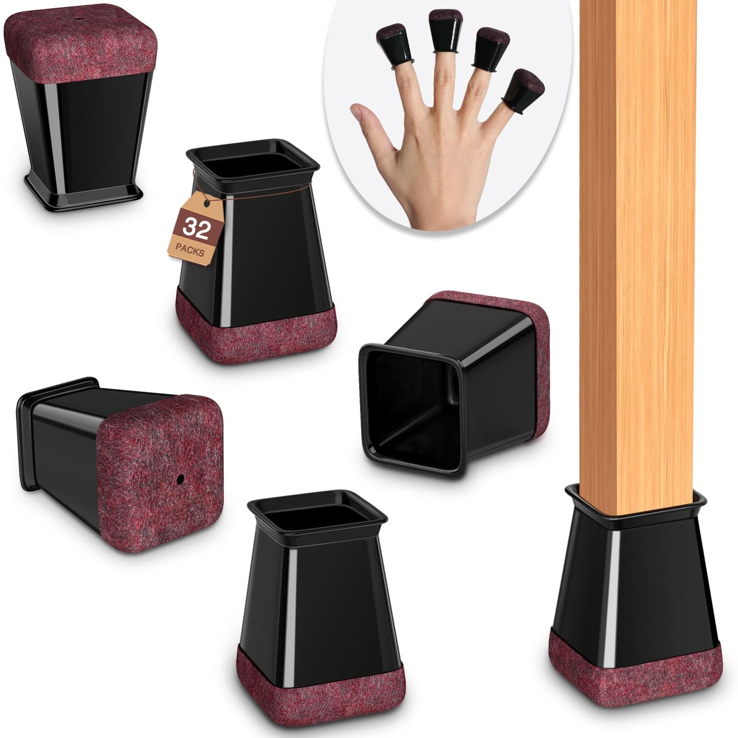 Chair Leg Floor Protectors Square Chair Leg Protectors for Hardwood Floors Silicone Caps Felt Strengthen Bottom Protection Non Slip Reduce Noise 32 Pack Black Square S Fit:1/2" ~ 3/4" (13~19mm)